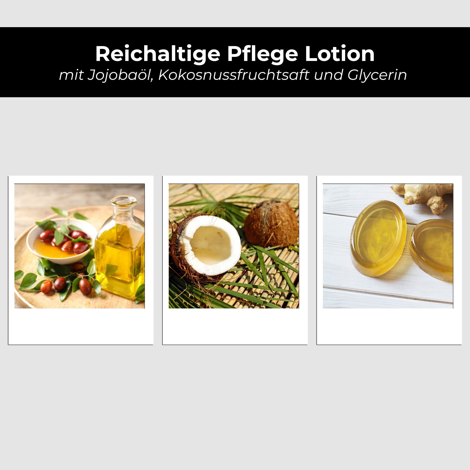 Reichhaltige Pflege Lotion mit Jojobaöl, Kokosnussfrucht und Glycerin, Zutaten zur intensiven Hautfeuchtigkeit und Pflege.