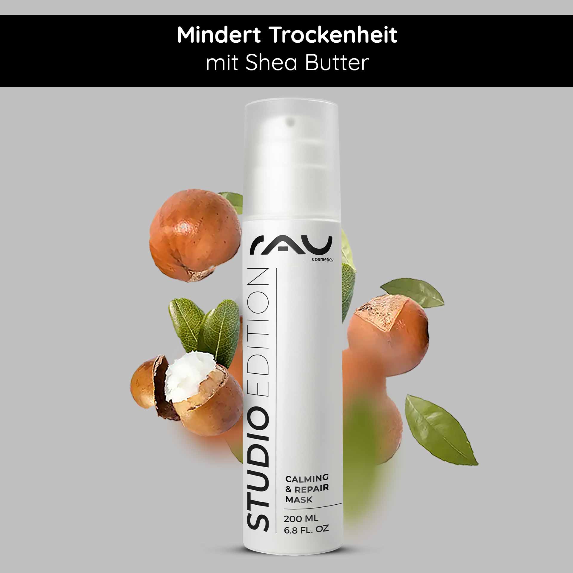Calming & Repair Mask 200 ml Beruhigende Maske RAU Cosmetics Calming & Repair Mask 200 ml mit Sheabutter, umgeben von Sheanüssen und -blättern, betont die Feuchtigkeitsversorgung und die hautberuhigenden Eigenschaften.