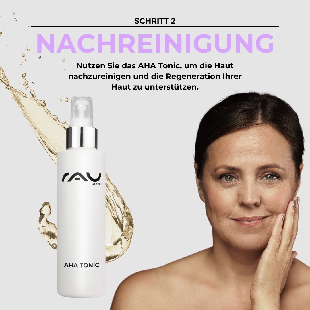 AHA Tonic bottle from RAU Cosmetics with a woman gently touching her face, emphasizing skincare for mature skin, step two of the advanced anti-aging routine.