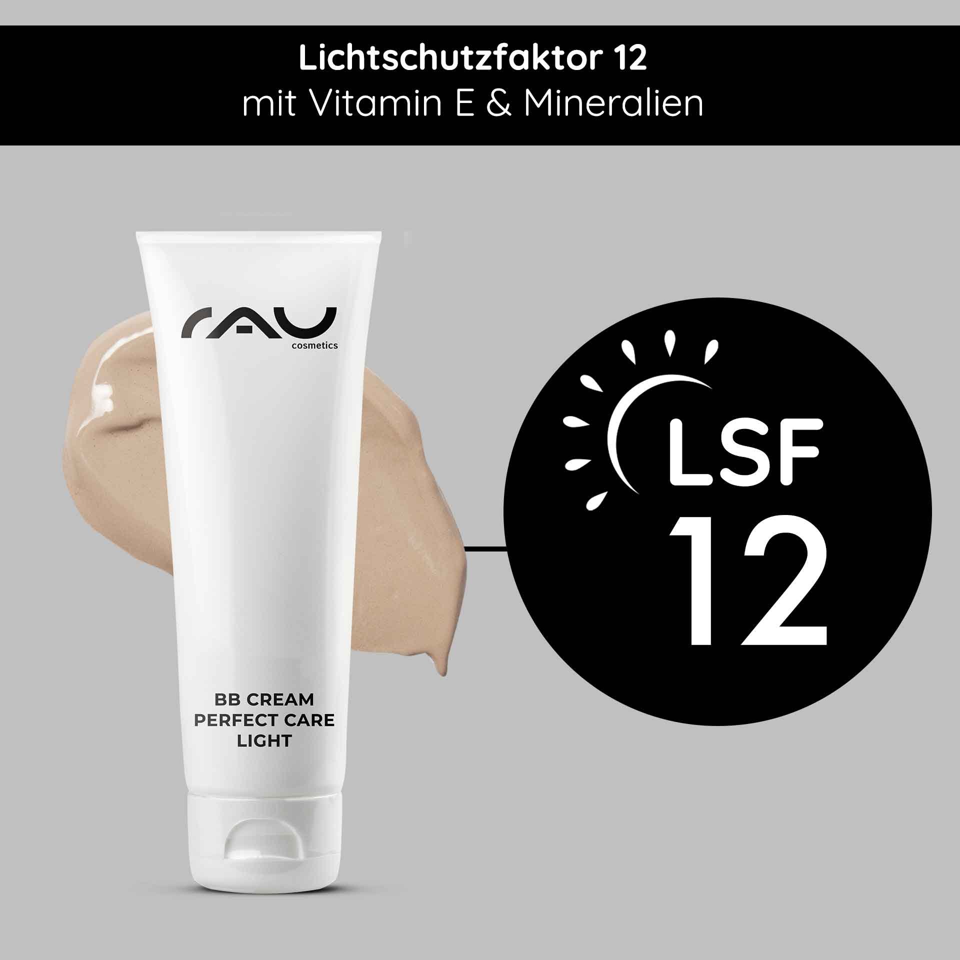 BB Cream Perfect Care Light von RAU Cosmetics mit LSF 12, angereichert mit Vitamin E und Mineralien, geeignet für hellere Hauttöne, mit cremiger Textur.