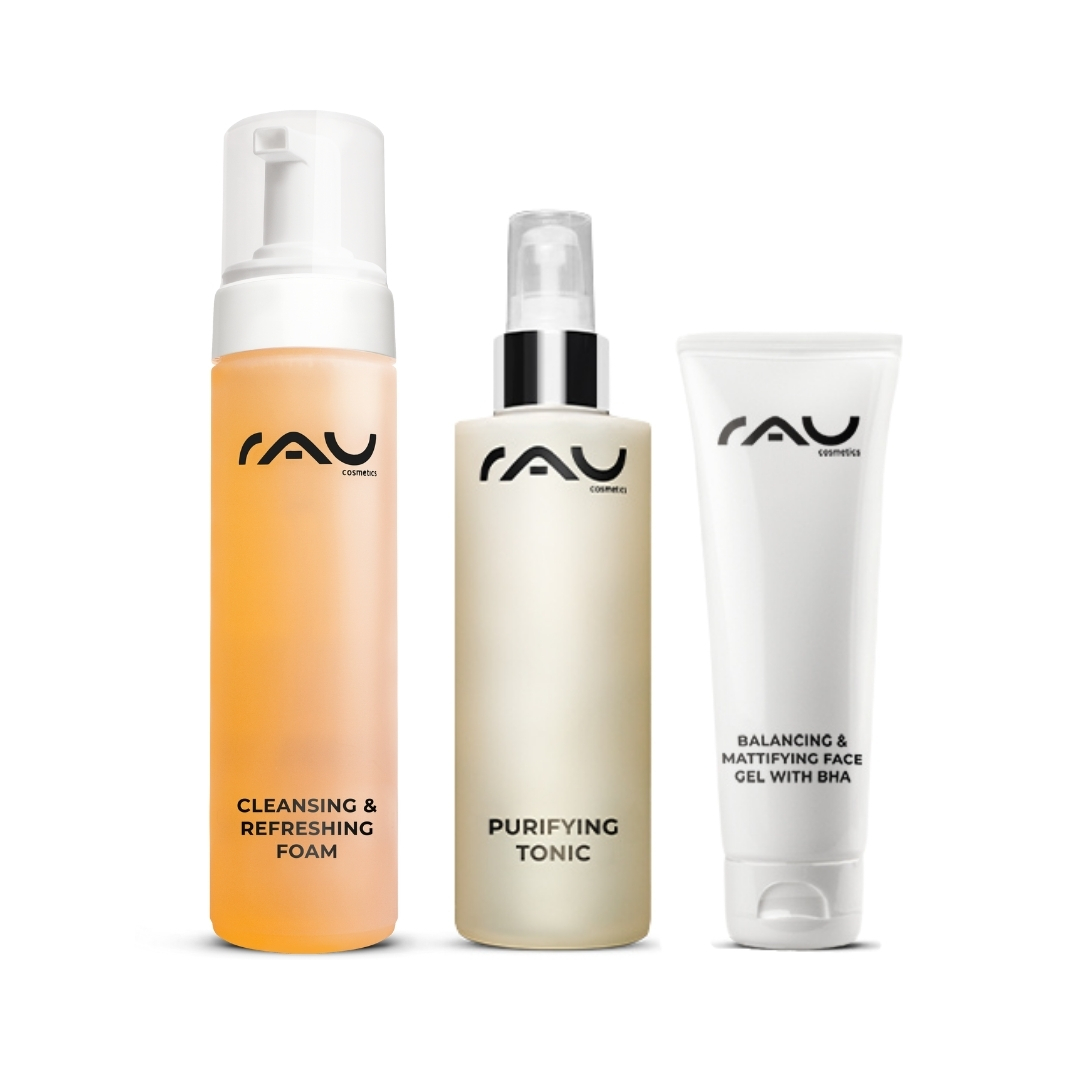 Basis Pflegeroutine für fettige Haut Reinigender und erfrischender Schaum, klärendes Tonic und ausgleichendes, mattierendes Gesichtsgel mit BHA von RAU Cosmetics, Bestandteil der Basispflegeroutine für fettige Haut.