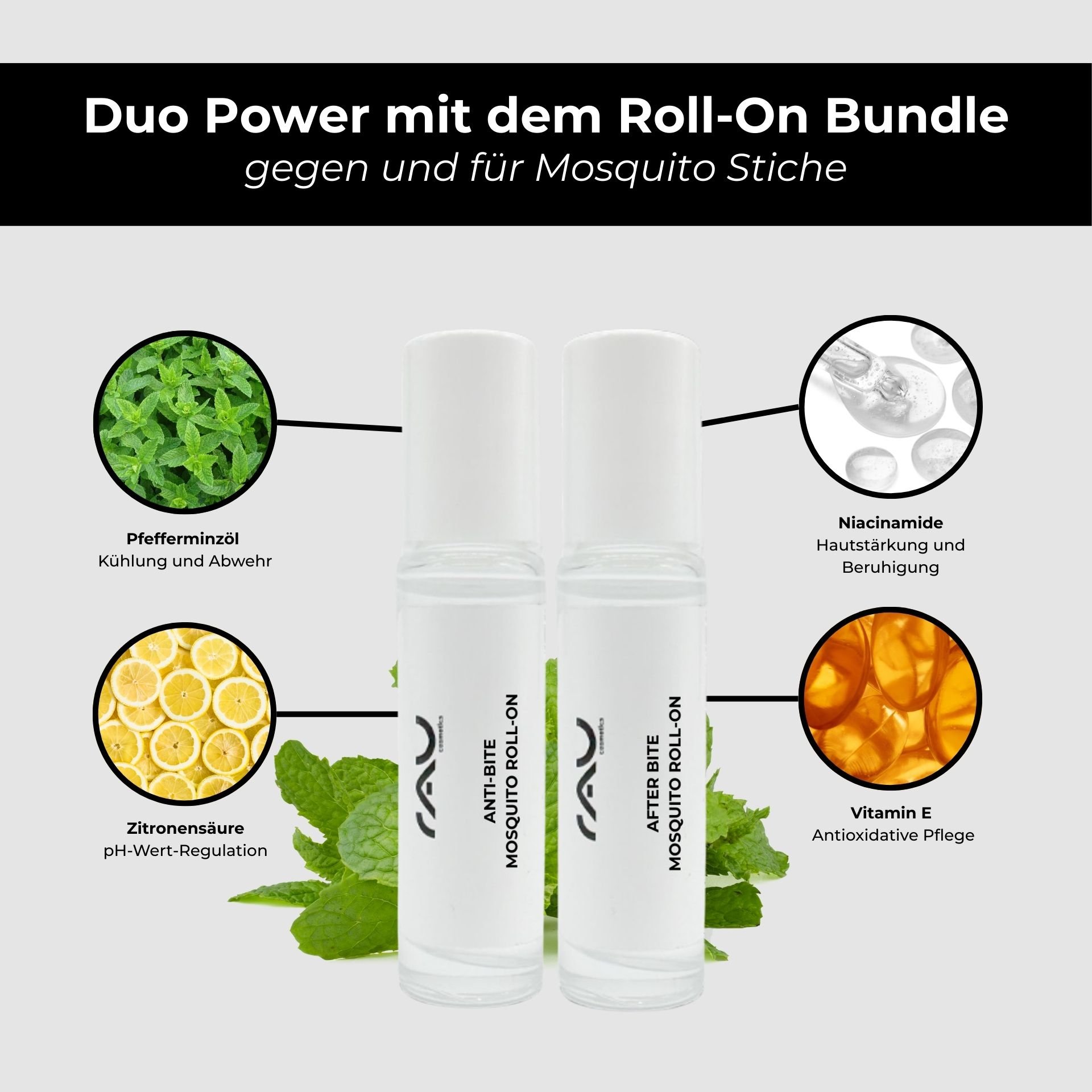 RAU Mosquito Set Roll-On Flasche — Praktische Anwendung für unterwegs.
