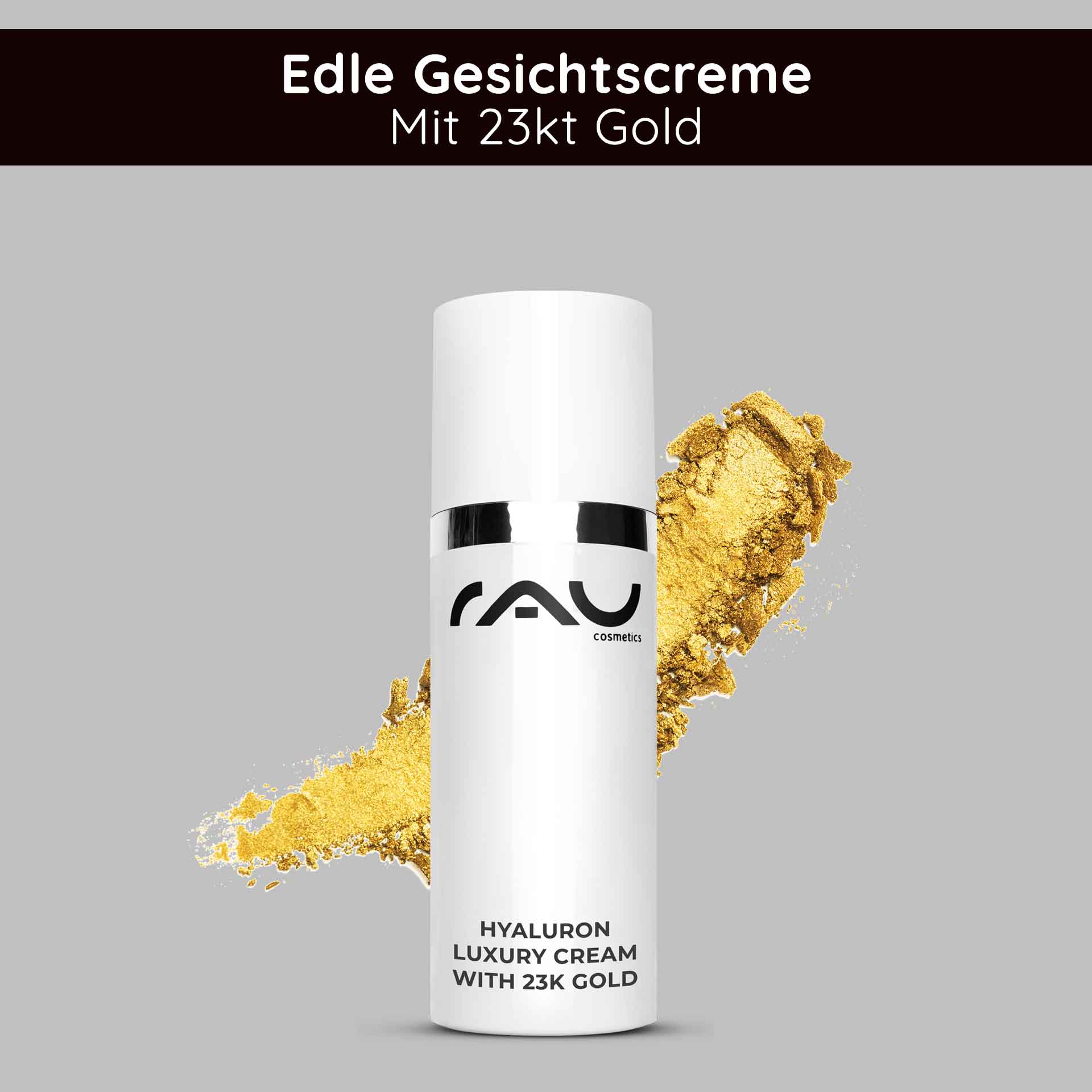 Hyaluron Luxury Cream with 23k Gold 50 ml Anti Age Creme Hyaluron-Luxuscreme mit 23 Karat Gold in eleganter Verpackung mit goldenen Akzenten und Markenzeichen, die die Anti-Aging-Vorteile der Hautpflege hervorheben.
