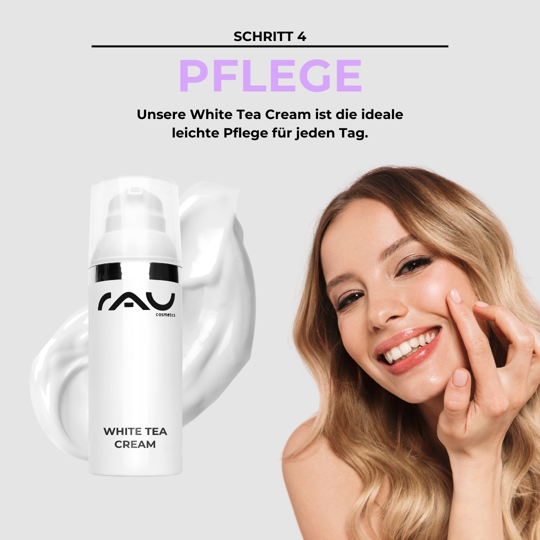 Advanced Pflegeroutine für normale Haut White Tea Cream von RAU Cosmetics mit einer lächelnden Frau, die sie auf ihr Gesicht aufträgt und die Hautpflegeroutine für normale Haut betont.