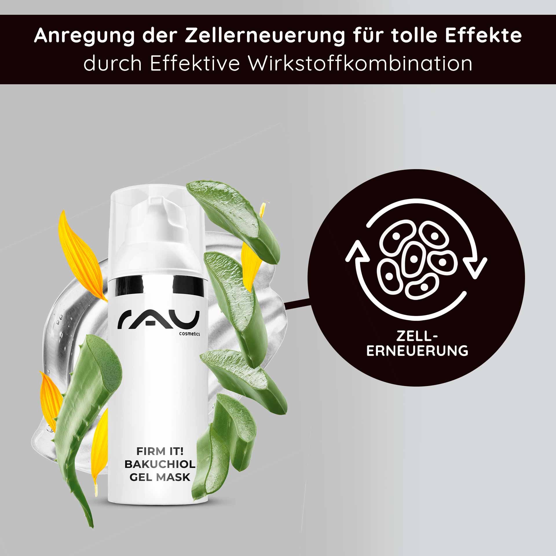 RAU Cosmetics Firm it! Bakuchiol-Gelmaske mit Aloe Vera und pflanzlichen Elementen, fördert die Zellerneuerung und hat Anti-Aging-Vorteile.