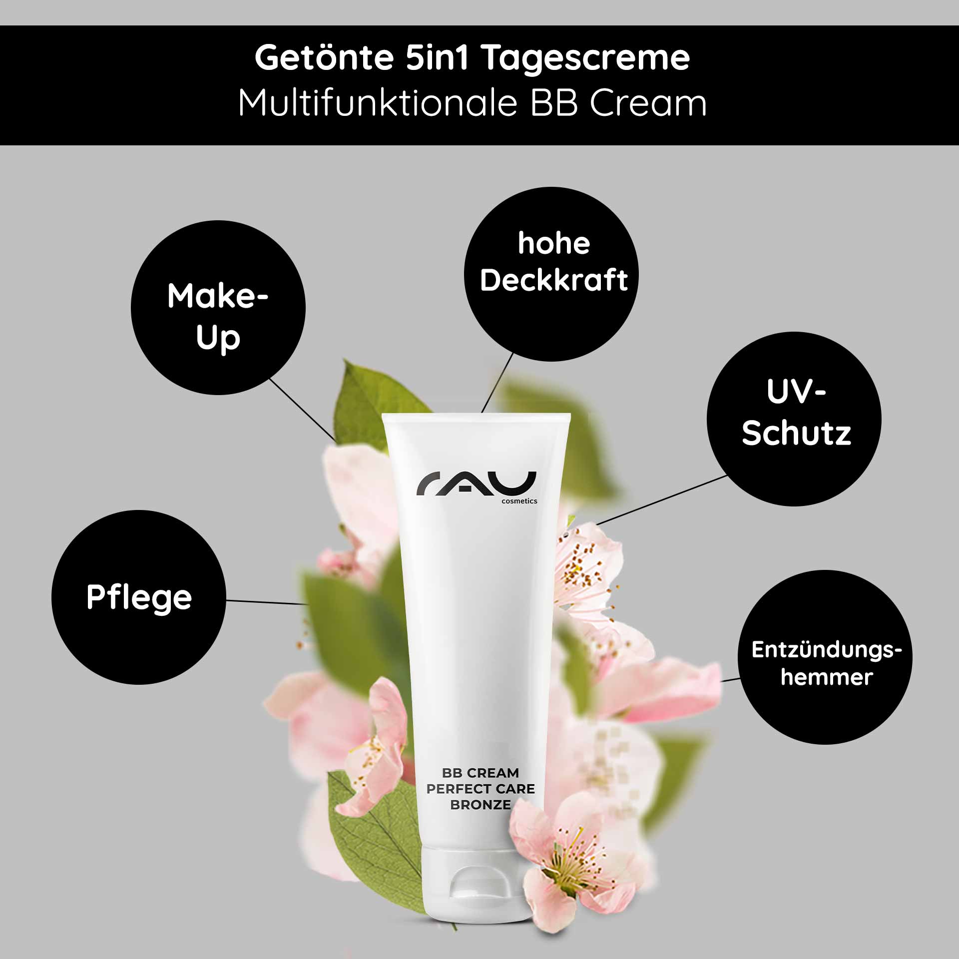 BB Cream Perfect Care Bronze 75 ml LSF12 Make-up & Pflege RAU BB Cream Perfect Care Bronzene Tube, umgeben von Blumen, die multifunktionale Vorteile hervorhebt: hohe Deckkraft, UV-Schutz, Hautpflege und entzündungshemmende Eigenschaften.