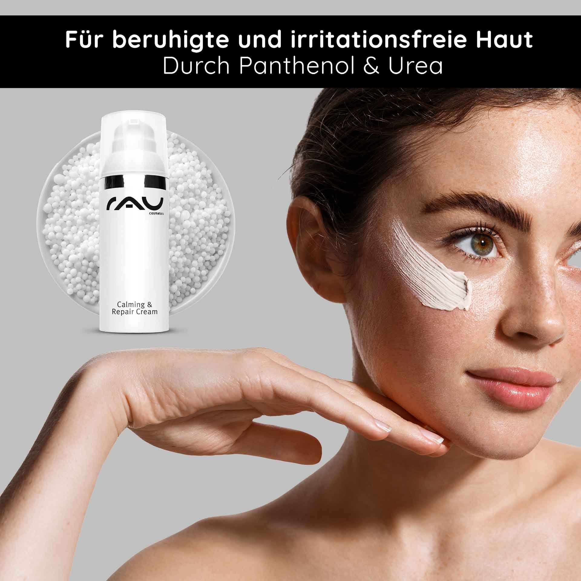 Frau mit beruhigter Haut, aufgetragen mit RAU Calming & Repair Cream, umgeben von Pflegeperlen, betont die beruhigende Wirkung von Panthenol und Urea.