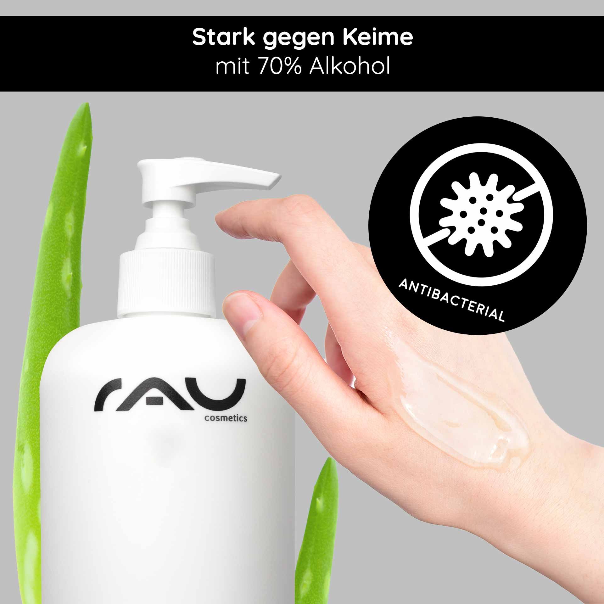 RAU Hand Care Cleansing Gel with 70% alcohol, aloe vera, and a hand applying the gel, focusing on antibacterial properties and skincare.