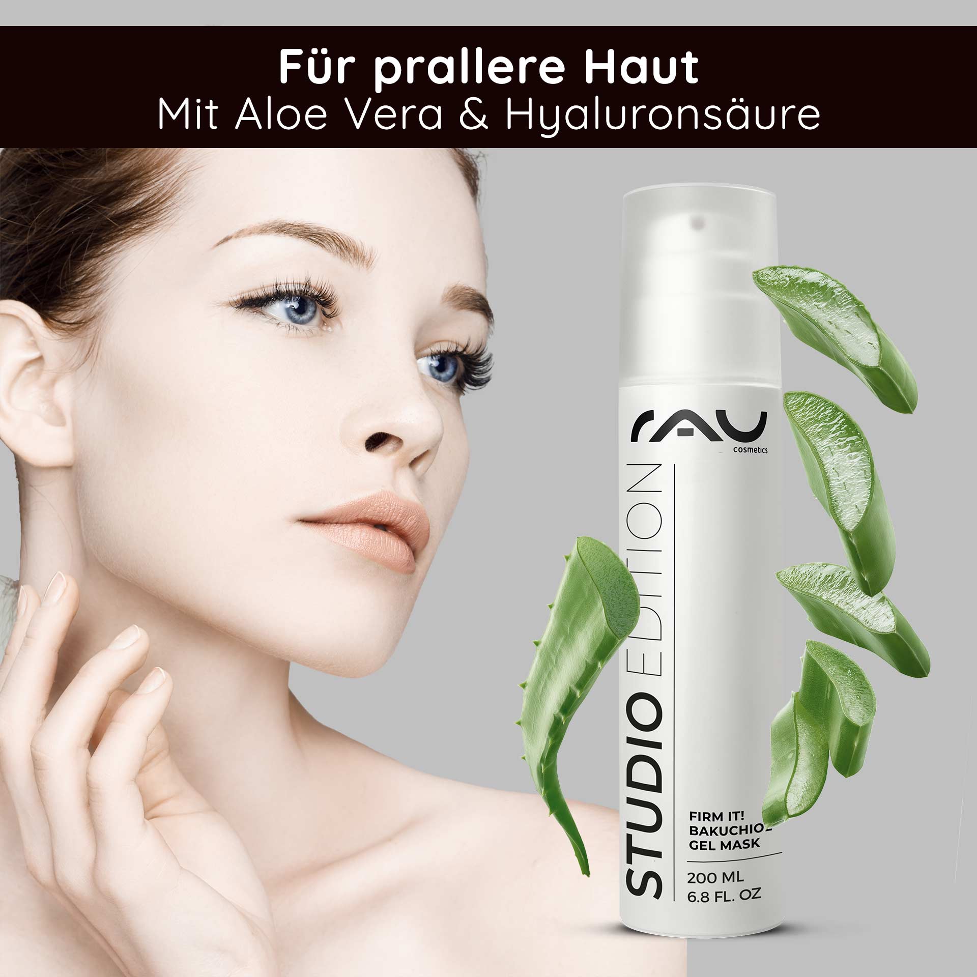 Firm it! Bakuchiol Gel Mask 200 ml Anti Aging & Feuchtigkeit Frau mit strahlender Haut und Aloe Vera, präsentiert die RAU Firm it! Bakuchiol Gel Mask, 200 ml, für feuchtigkeitsspendende und hautstraffende Pflege.