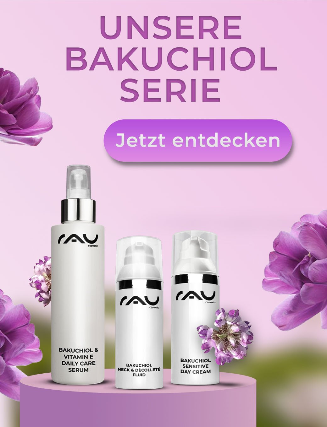 Drei RAU Cosmetics Produkte: Serum, Halsfluid und Tagescreme in weißer Verpackung mit schwarzem Branding.