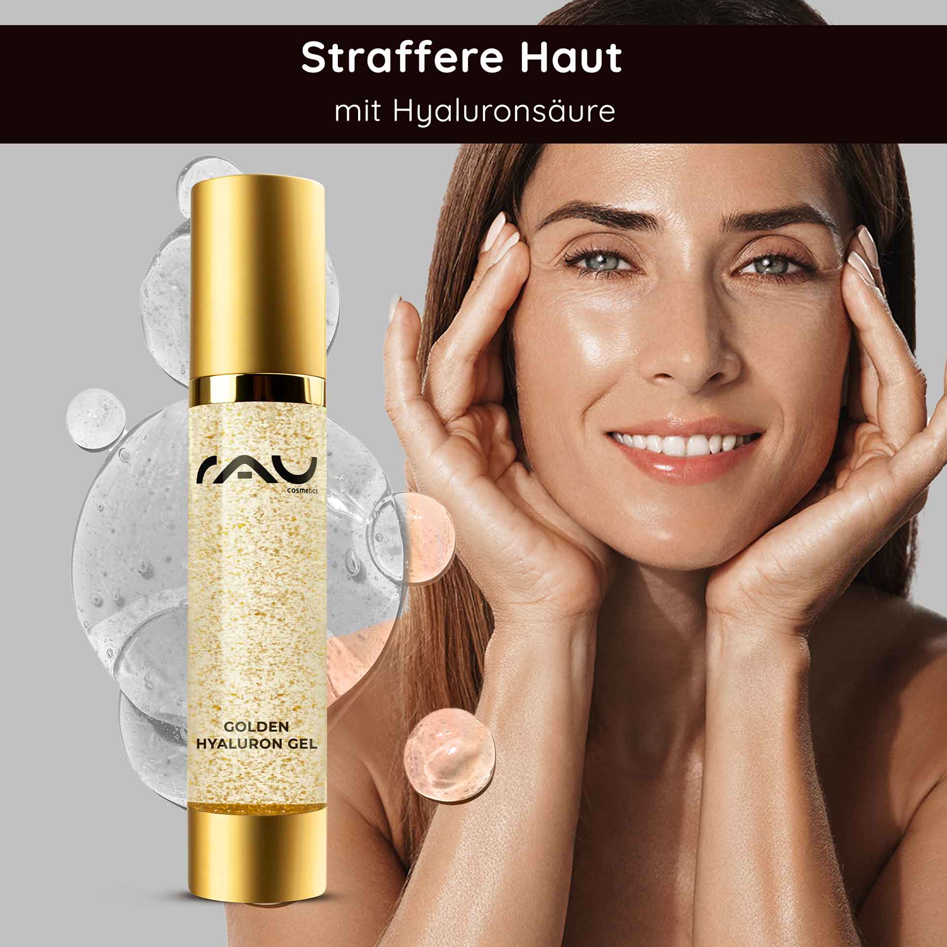 Golden Hyaluron Gel 50 ml Anti-Aging Gel with 23kt Gold Goldene Hyalurongel-Flasche von RAU Cosmetics mit 23 Karat Gold, Frau trรคgt Hautpflege auf und betont die Anti-Aging- und Feuchtigkeitsvorteile.