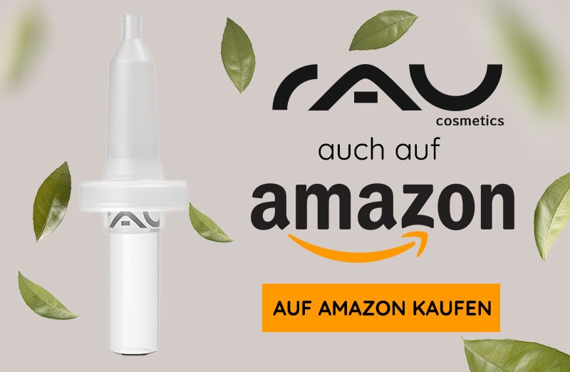 RAU Cosmetics Ampullen-Applikator mit moderner Verpackung, Amazon-Logo und dekorativen grünen Blättern. Kaufen Sie bei Amazon.