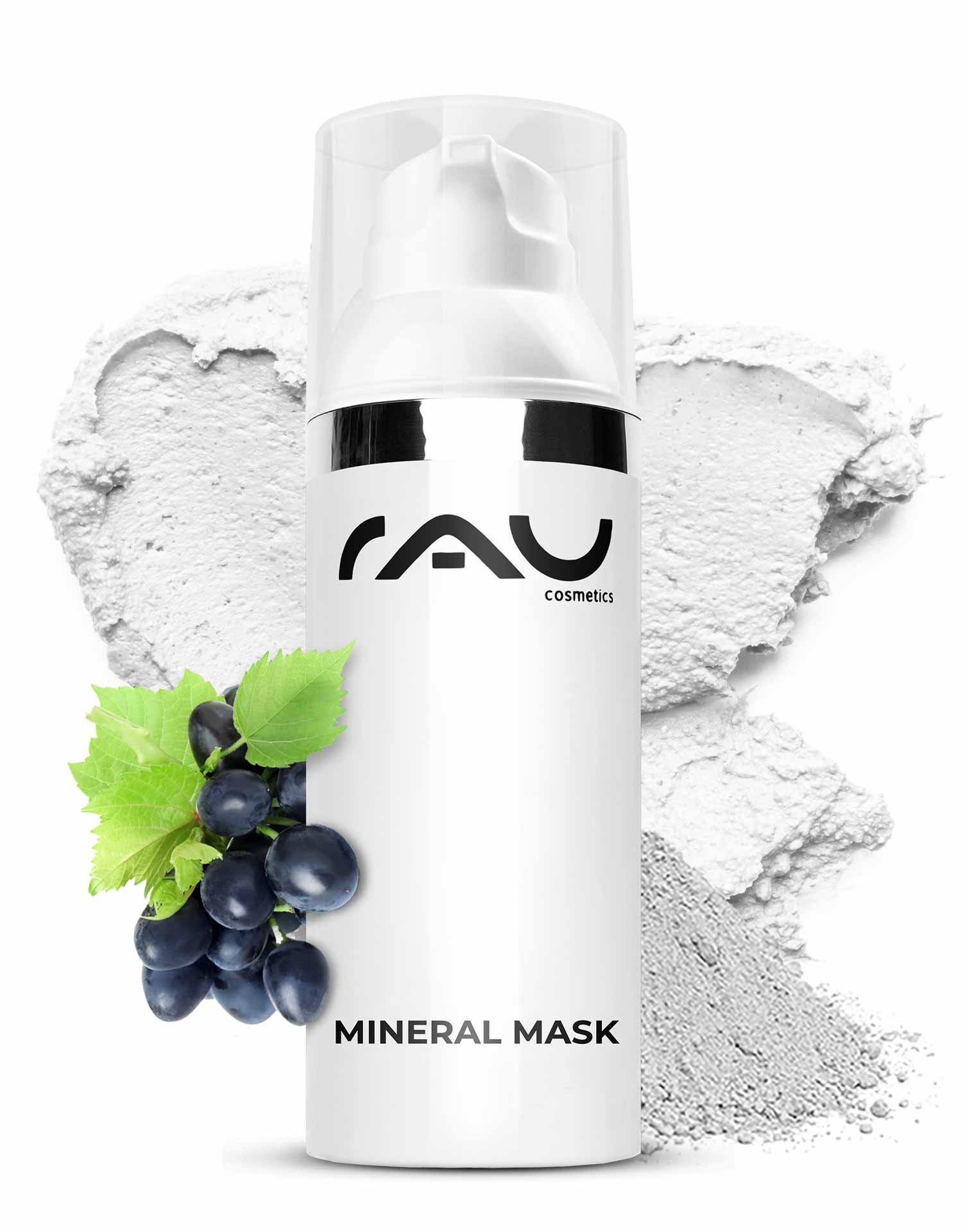Mineral Mask de RAU Cosmetics dans un emballage élégant avec des motifs végétaux, entouré de craie médicinale de Rügen, idéal pour les peaux impures et sensibles, favorise la régénération de la peau et matifie.