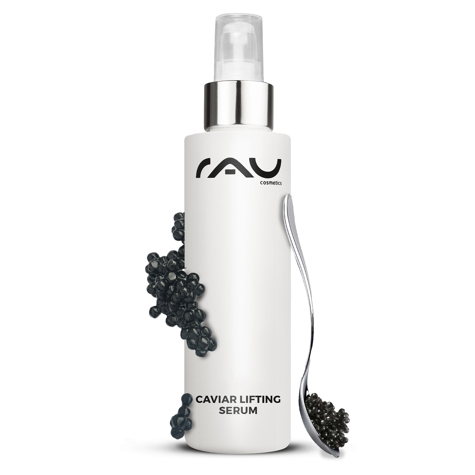 Edle Glasflasche des RAU Cosmetics Caviar Lifting Serum 100 ml mit praktischem Pumpspender vor hellem Hintergrund.
