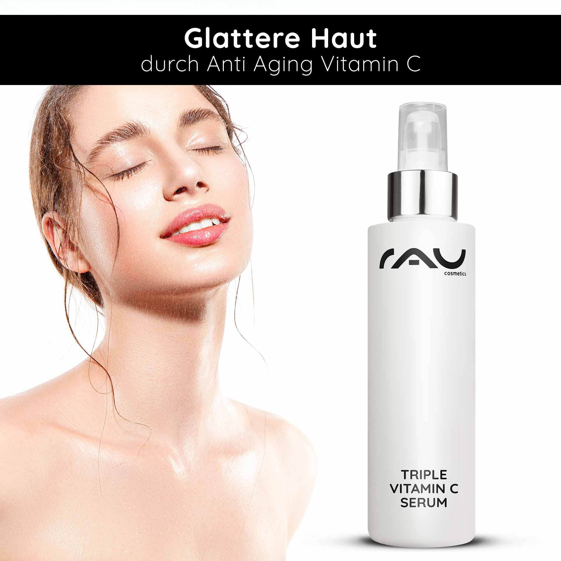 Triple Vitamin C Serum 100 ml mit 11 % Vitamin C Säuren Frau mit strahlender Haut und RAU Triple Vitamin C Serum, Anti-Aging-Wirkung, feuchtigkeitsspendend, kosmetisches Produkt.