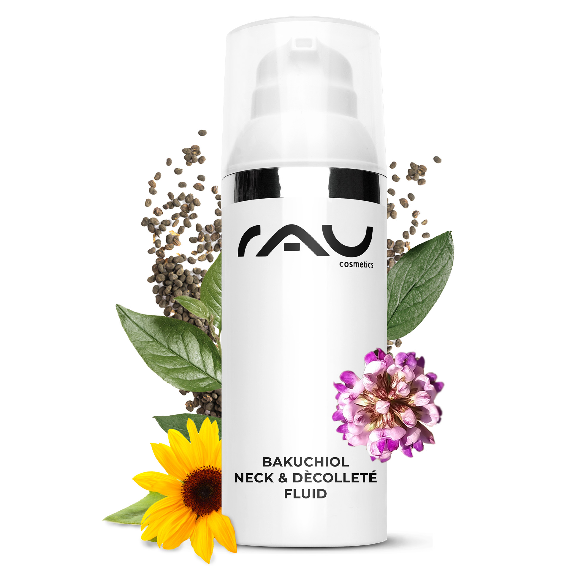 Bakuchiol Neck & Décolleté Fluid 50 ml Gel for Neck Wrinkles Kräuterig, Pflanze, Blume, Flasche, Shaker