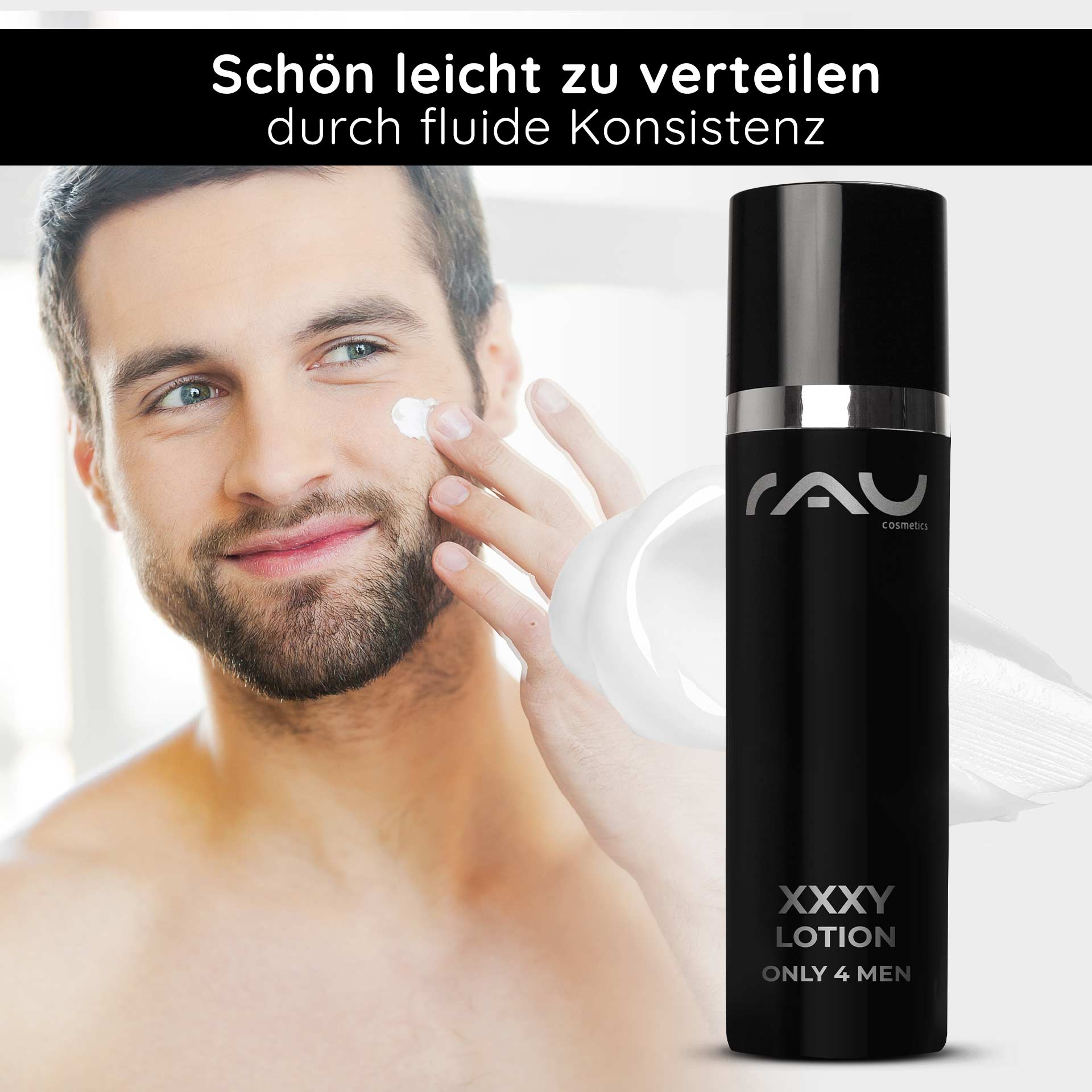 Gesichtscreme für Männer - Anti-Aging Creme für Ihn - Feuchtigkeitscreme Mann- XXXY Lotion only 4 men - RAU Cosmetics Mann trägt RAU Cosmetics XXXY Lotion auf sein Gesicht auf, betont die flüssige Konsistenz und die Anti-Aging-Eigenschaften für Männerhaut.