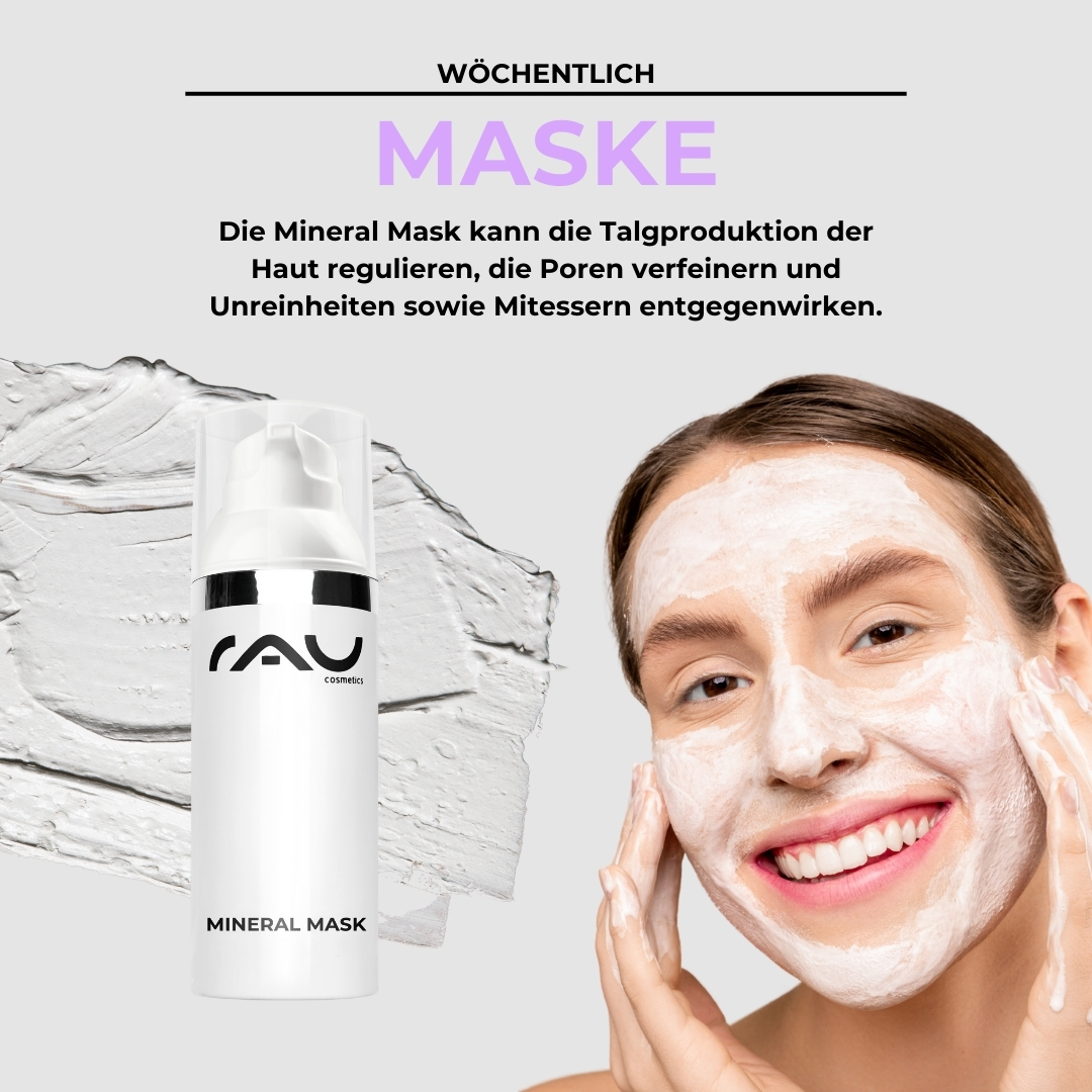 Profi Pflegeroutine für unreine trockene Haut Mineralmaske von RAU Cosmetics auf dem Gesicht einer lächelnden Frau aufgetragen, zeigt Hautpflege zur Regulierung der Ölproduktion und Reduzierung von Unreinheiten.