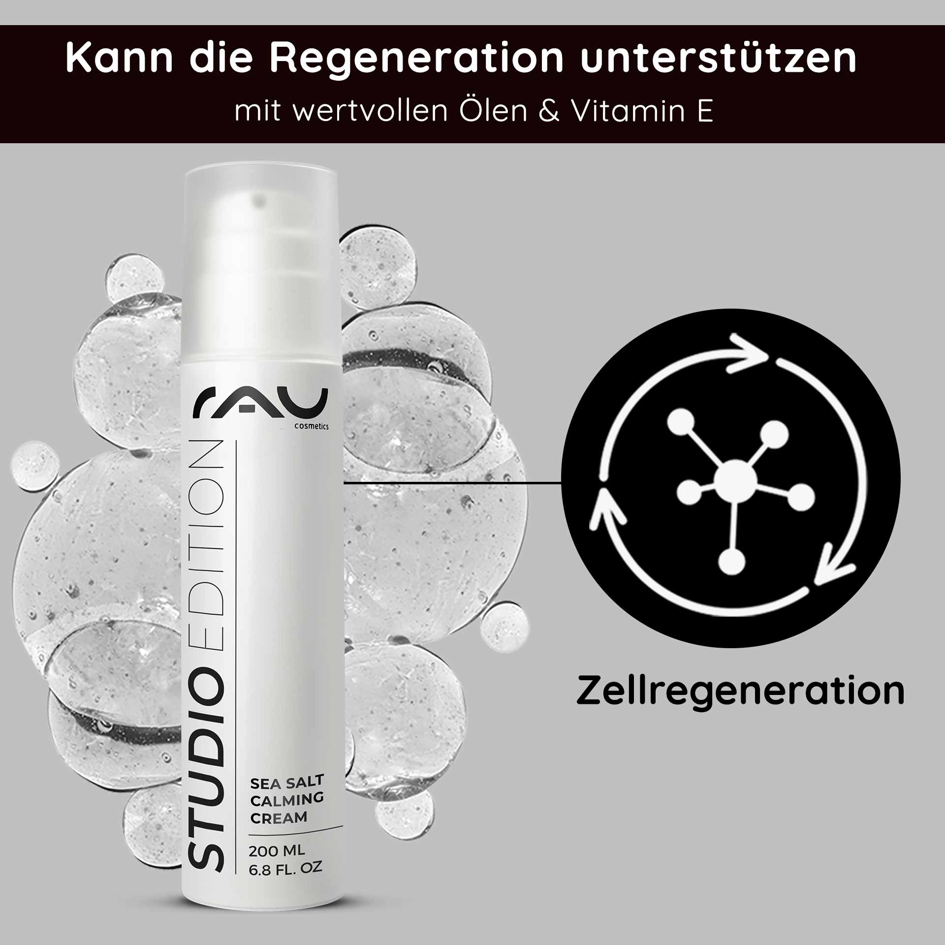 Sea Salt Calming Cream 200 ml with sea salt and PHA RAU Cosmetics Sea Salt Calming Cream, 200-ml-Verpackung mit Blasen, die die Vorteile der Hautregeneration mit Ölen und Vitamin E hervorhebt.
