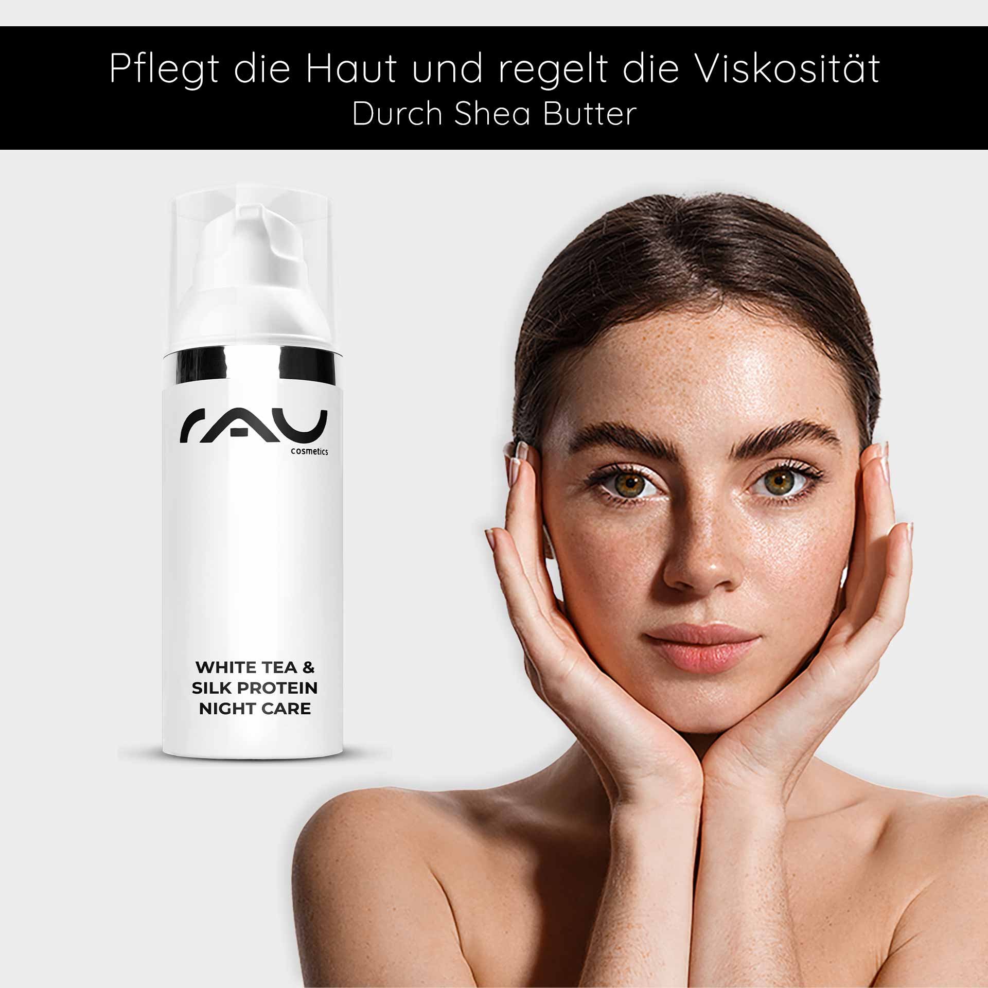 Crème de soin de nuit White Tea & Silk Protein de RAU Cosmetics avec un modèle présentant les bienfaits du soin et soulignant l'hydratation ainsi que les propriétés anti-âge.