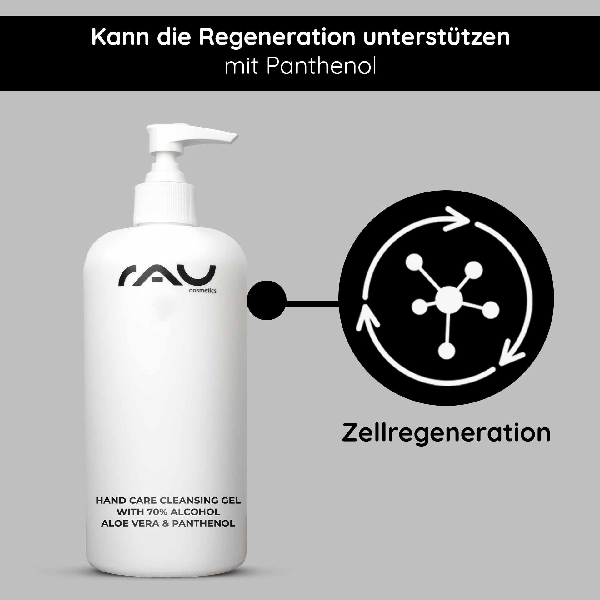 Flasche mit Pumpe des Hand Care Cleansing Gels von RAU Cosmetics mit 70 % Alkohol, Aloe Vera und Panthenol, das die Vorteile der Hautregeneration betont.