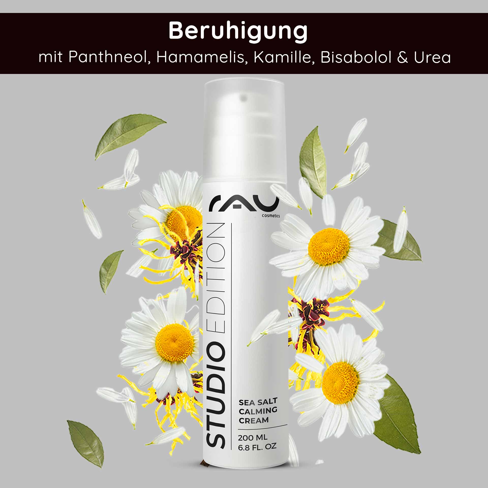 Sea Salt Calming Cream 200 ml with sea salt and PHA RAU Cosmetics Sea Salt Calming Cream 200 ml mit beruhigenden Inhaltsstoffen wie Panthenol, Hamamelis und Kamille, umgeben von floralen Elementen, die ihre Vorteile für trockene und empfindliche Haut hervorheben.