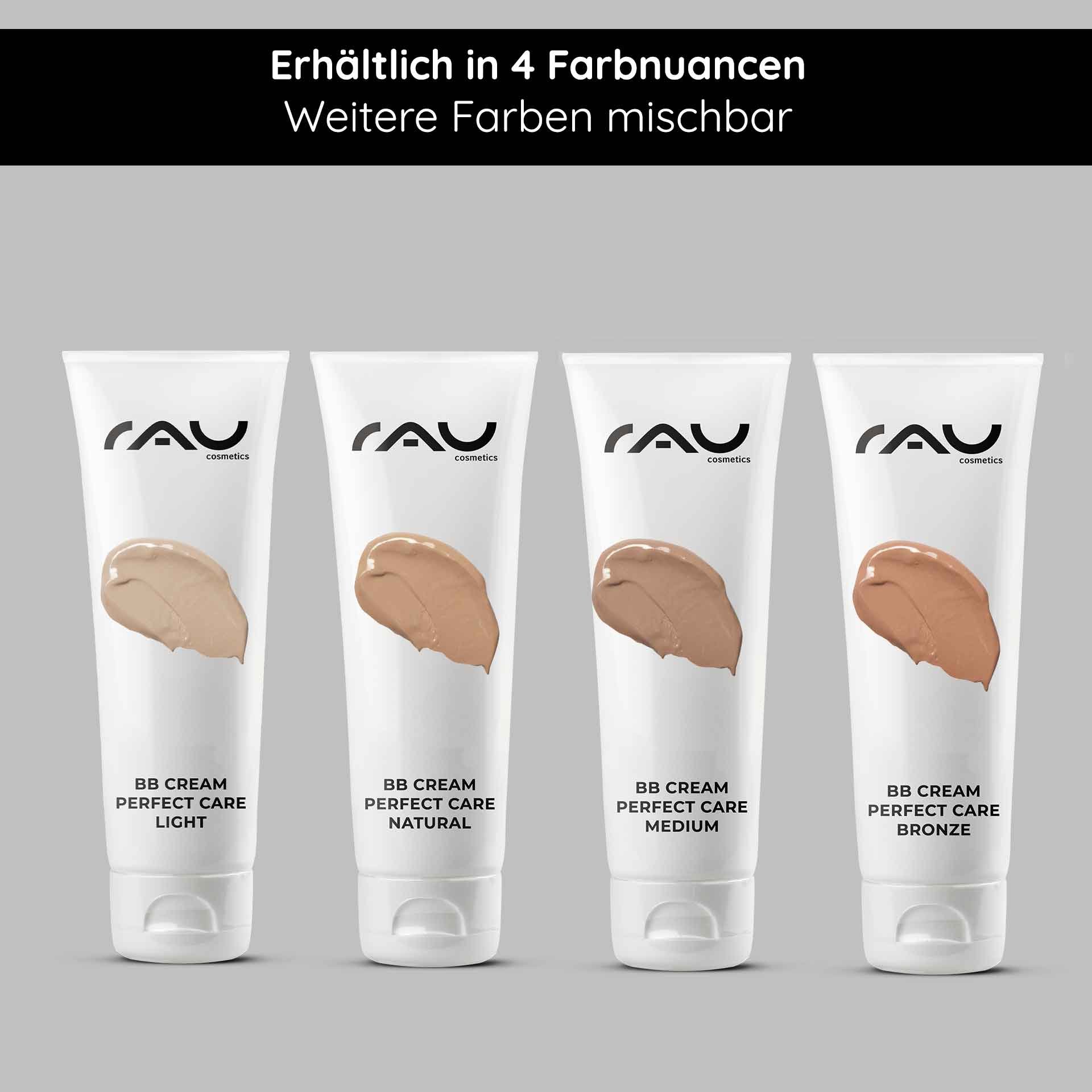 BB Cream Perfect Care in den Farbtönen Light, Natural, Medium und Bronze in Tuben mit dem Markenzeichen von RAU Cosmetics, das die Vielseitigkeit für unterschiedliche Hauttöne unterstreicht.