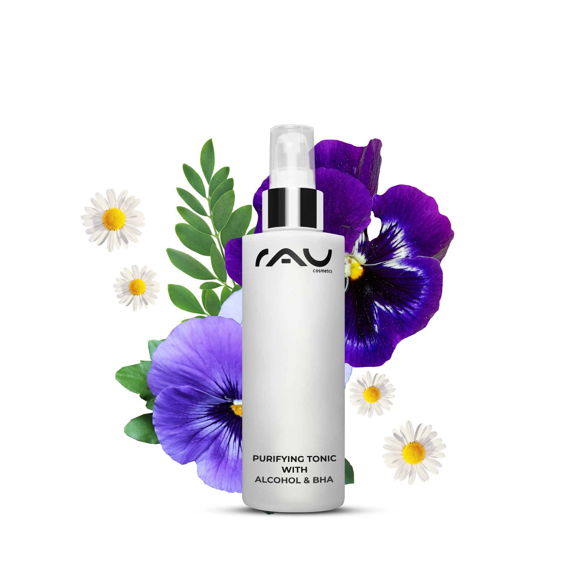 Flacon du Purifying Tonic avec alcool & BHA 200 ml à côté d'une plante en fleur.