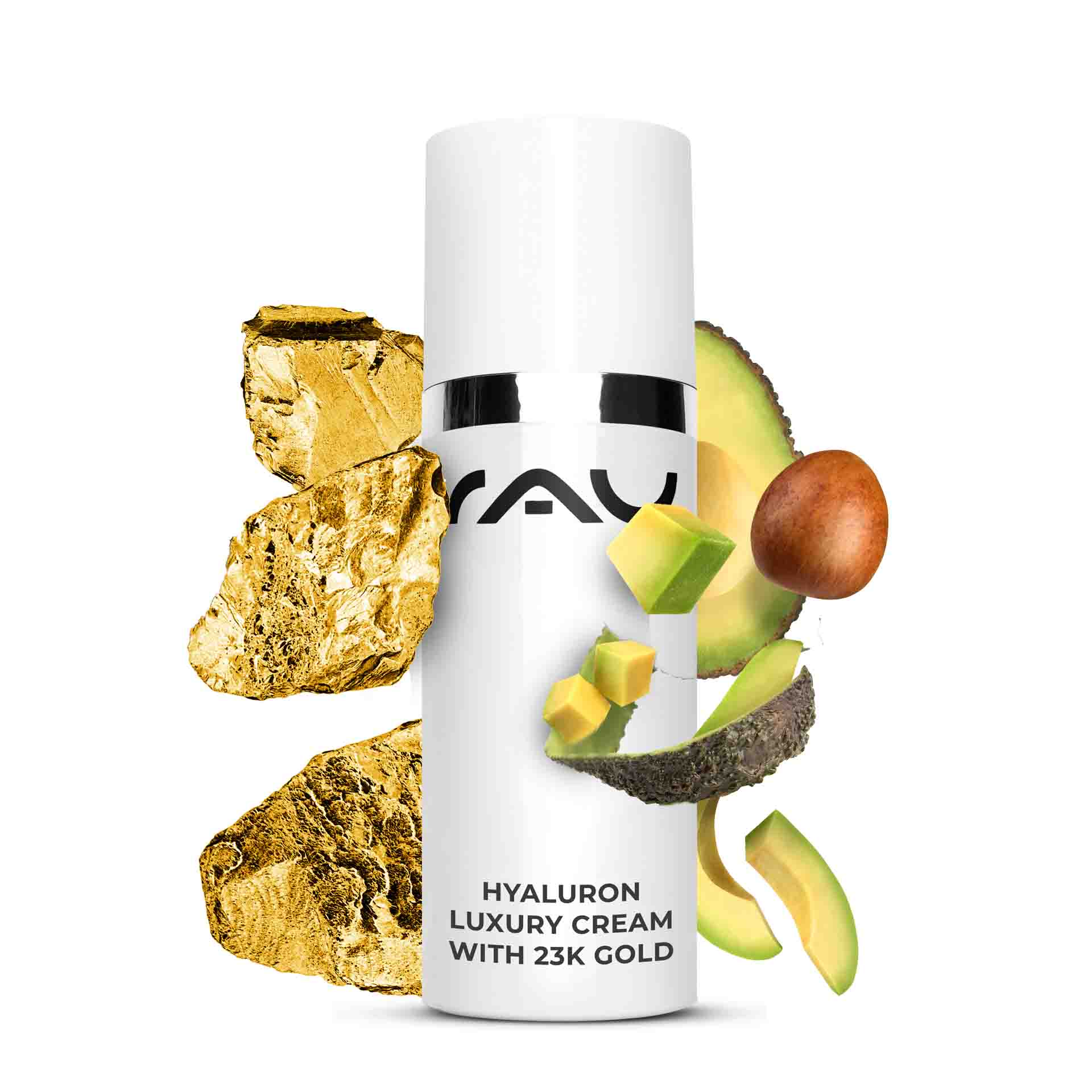 Hyaluron Luxury Cream with 23k Gold 50 ml Anti Age Creme Hyaluron-Luxuscreme mit 23 Karat Gold, mit Goldpartikeln und Avocado, fördert die Feuchtigkeitsversorgung und hat Anti-Aging-Vorteile, ideal für trockene Haut, von RAU Cosmetics.