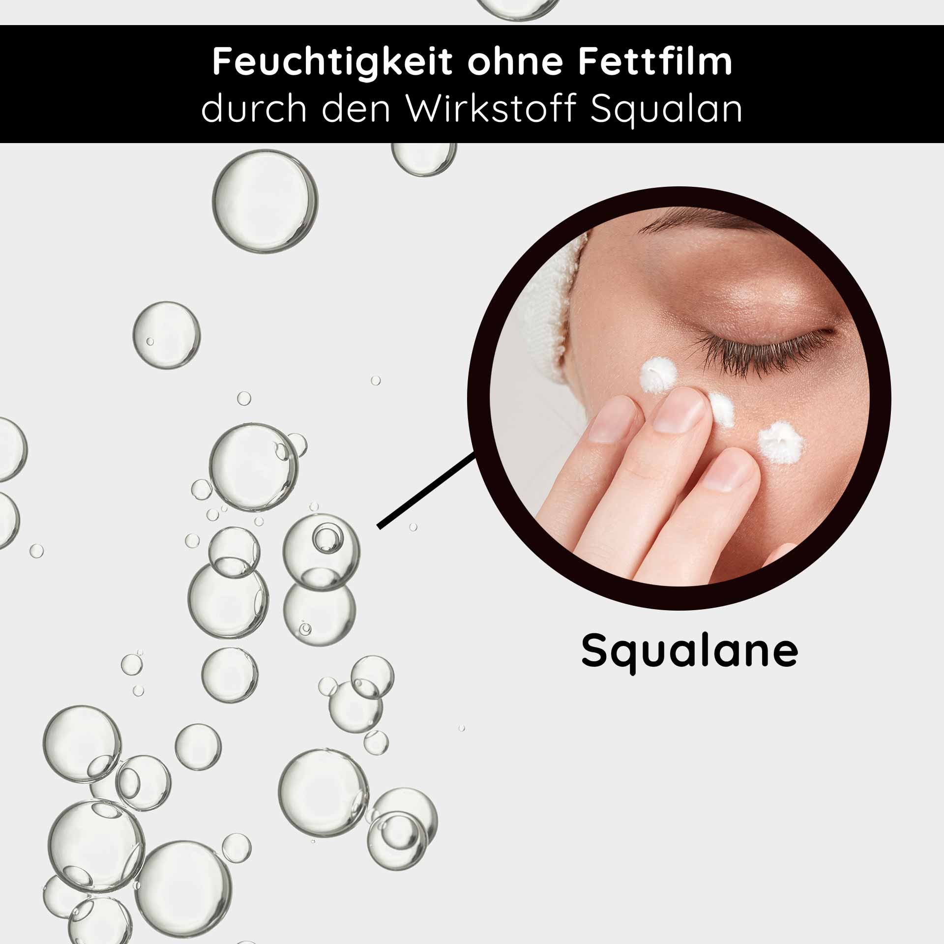 Stem Cell Cream 50 ml Stem Cell Anti Aging Cream for Dry Mature Skin Feuchtigkeit ohne Fettfilm durch Squalan, Person trägt Creme auf Gesicht auf, Blasen im Hintergrund, betont feuchtigkeitsspendende Eigenschaften.