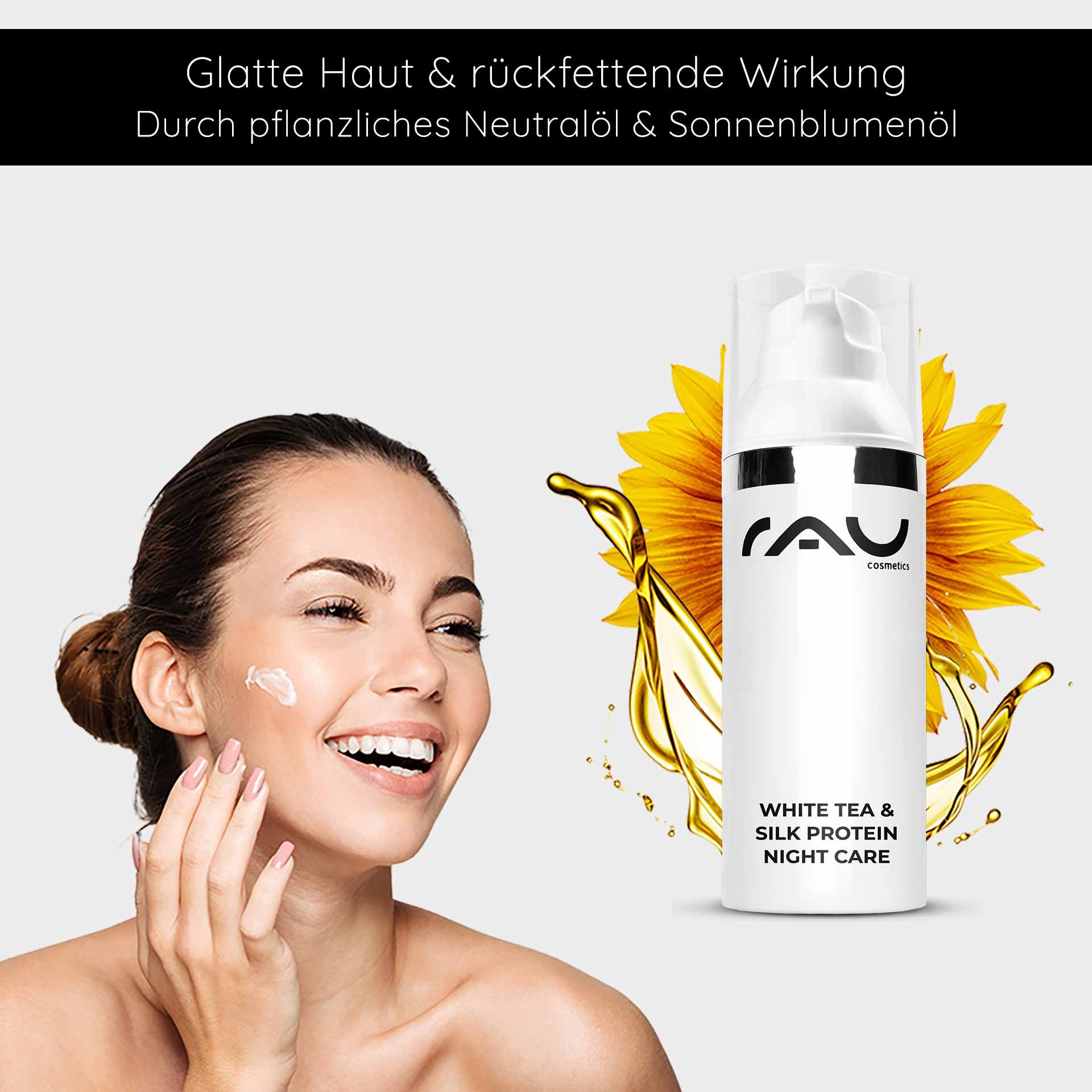 Femme au sourire éclatant avec de la crème visage sur la joue, présentant le White Tea & Silk Protein Night Care de RAU Cosmetics à l'huile de tournesol et huile végétale neutre.
