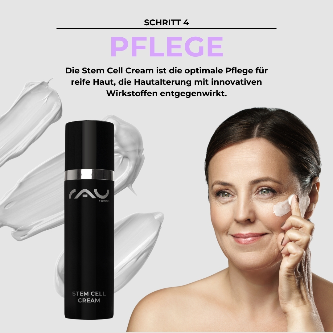 Advanced Pflegeroutine für reife Haut Frau mit reifer Haut trägt RAU Stem Cell Cream, um Hautalterung entgegenzuwirken, umgeben von cremigen Texturen.
