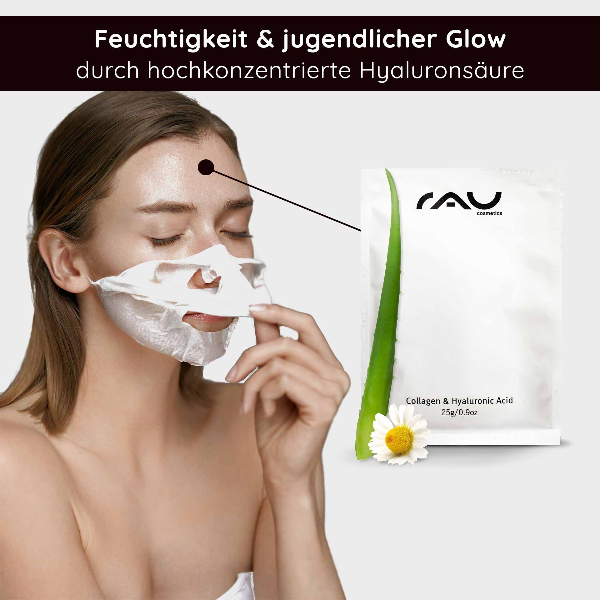 Frau mit Vliesmaske aus Collagen und Hyaluronsäure, die Feuchtigkeit und jugendlichen Glow fördert, Produktverpackung von RAU Cosmetics neben ihr.