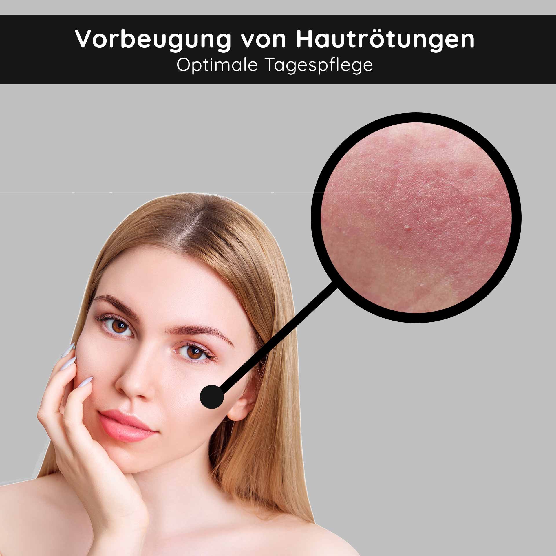 Femme à la peau lisse et zone accentuée pour la prévention des rougeurs cutanées, soin de jour optimal pour peaux matures et à imperfections.