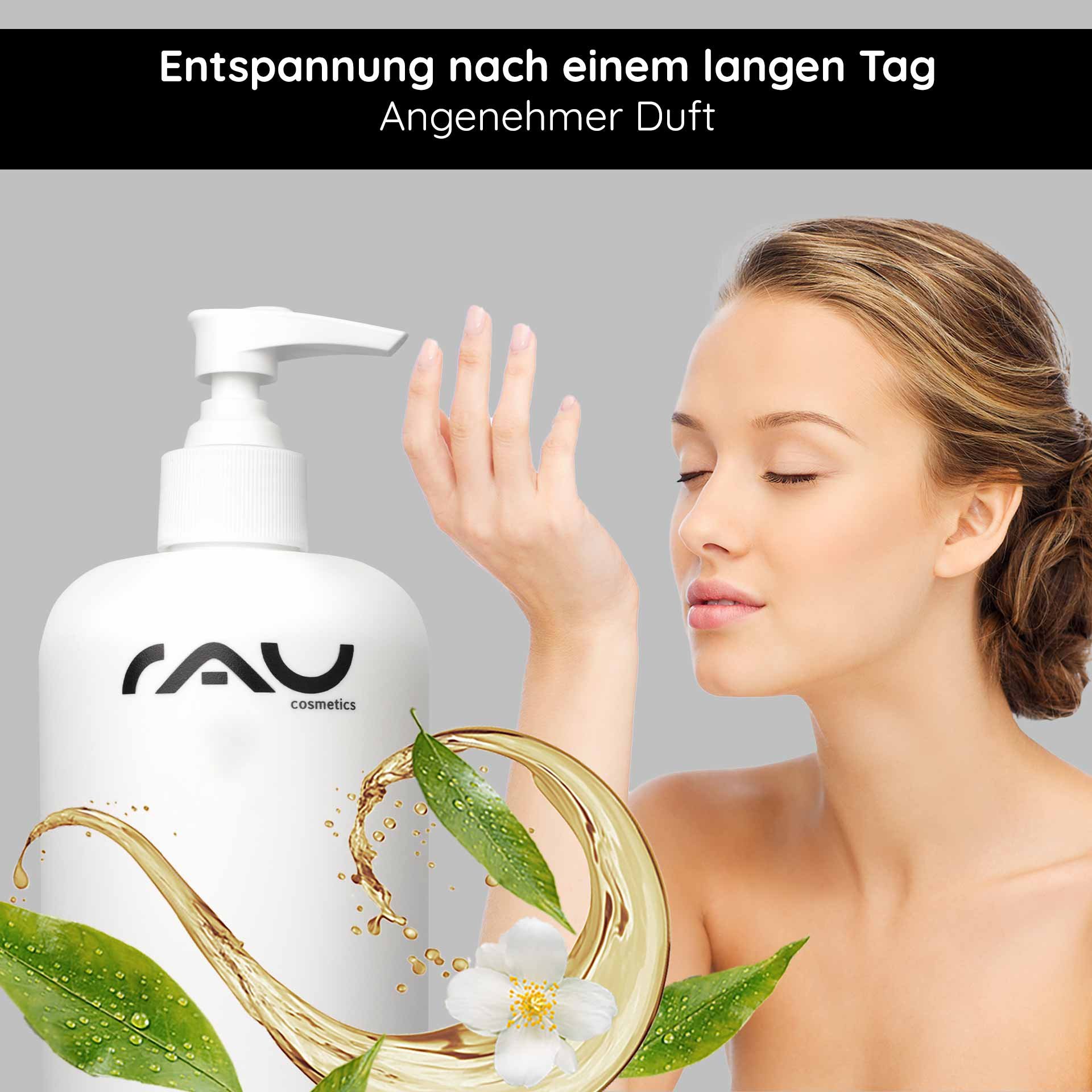 Flasche des Duschgels „White Tea & Sugar Beet“ von RAU Cosmetics mit einer Frau, die den angenehmen Duft mit natürlichen Inhaltsstoffen und einer entspannenden Atmosphäre genießt.