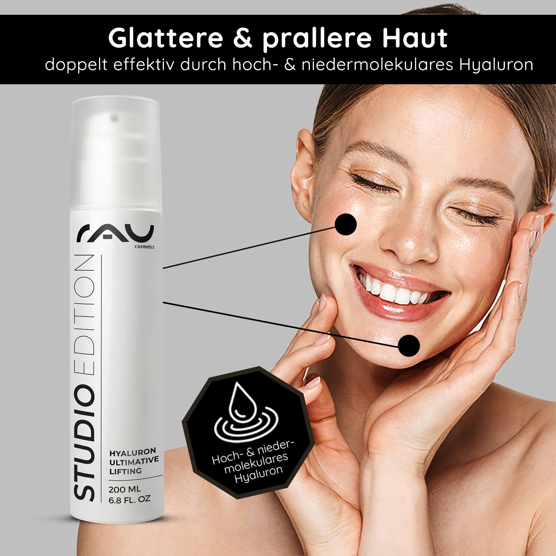Hyaluron Ultimate Lifting Gel from RAU Cosmetics in a white bottle, shown on a background with a woman emphasizing her smooth and plump skin, with text about the benefits of high and low molecular weight hyaluron.