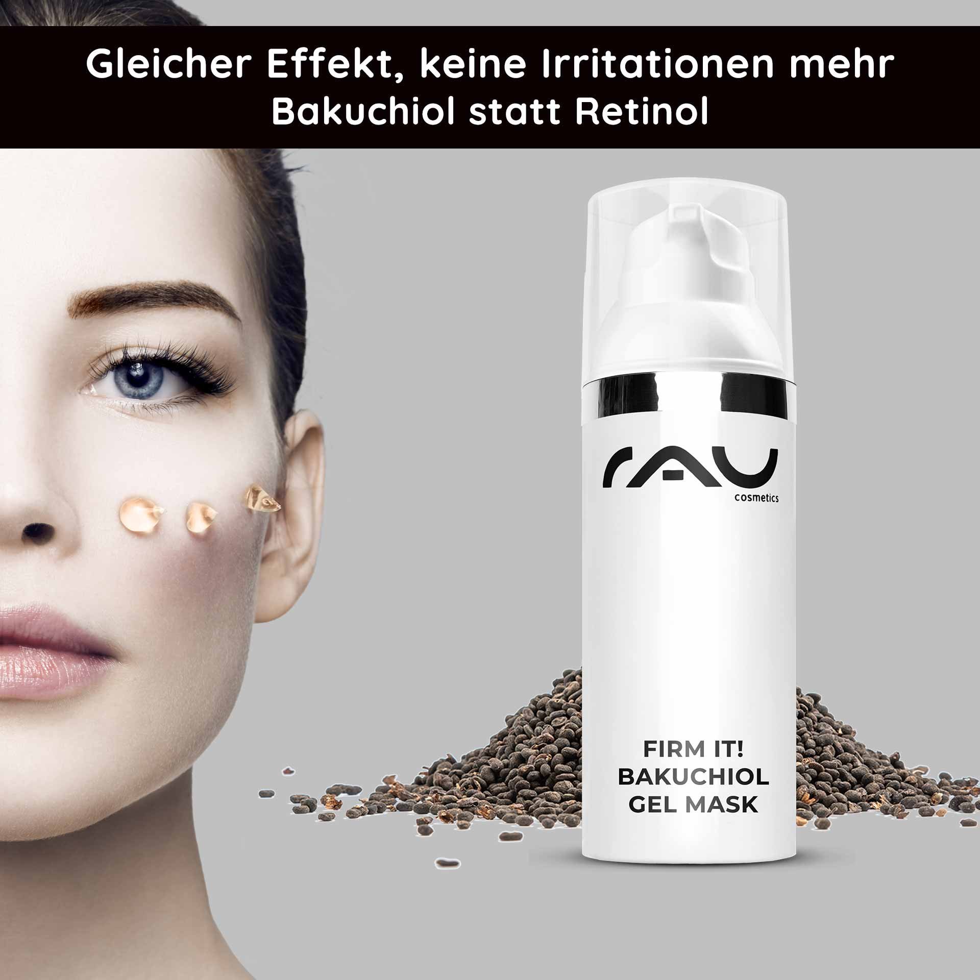 Woman with Bakuchiol Gel Mask on her cheek, RAU Cosmetics logo, seeds on a gray background, anti-aging and moisturizing properties.