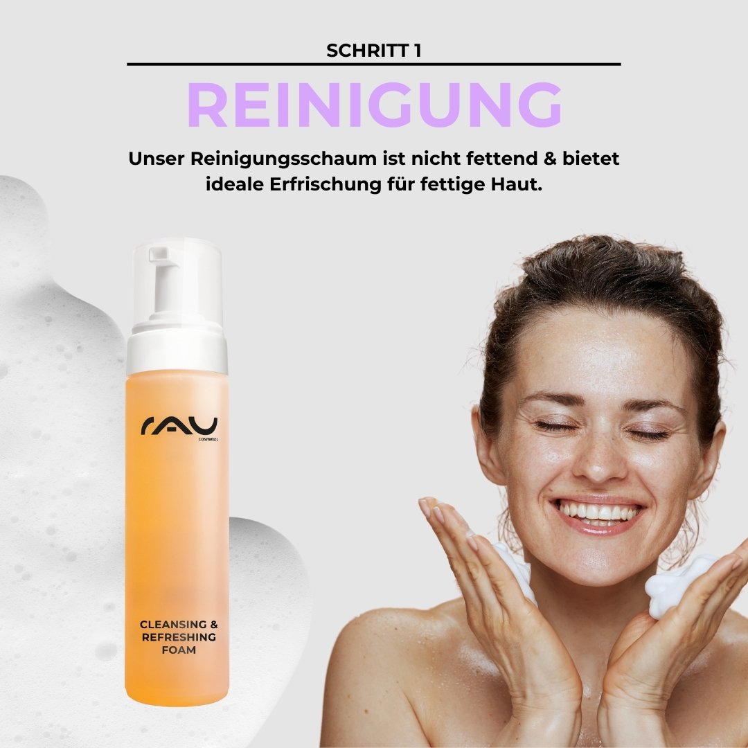 Cleansing foam for oily skin, smiling woman applying the product, step 1 of the RAU Cosmetics skincare routine.