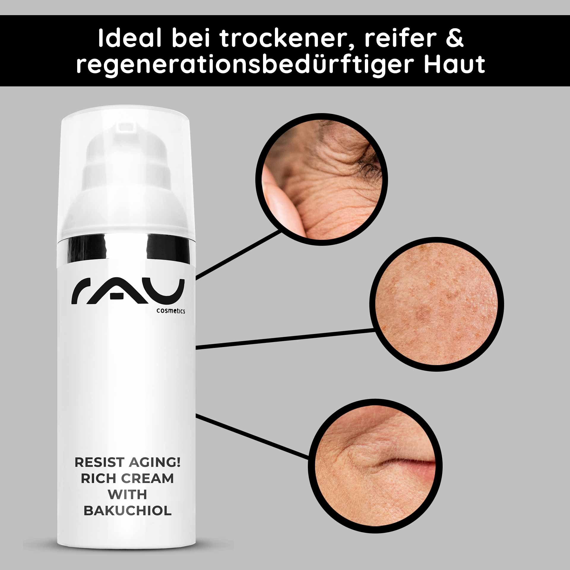 RAU Cosmetics Resist Aging Rich Cream mit Bakuchiol, ideal für trockene und reife Haut, mit Verbesserungen der Hautstruktur und Anti-Aging-Vorteilen.
