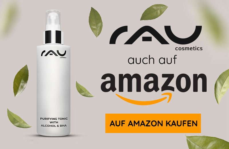 Flasche Purifying Tonic von RAU Cosmetics mit frischen Blättern, fördert die Hautpflege bei fettiger und unreiner Haut, erhältlich bei Amazon.