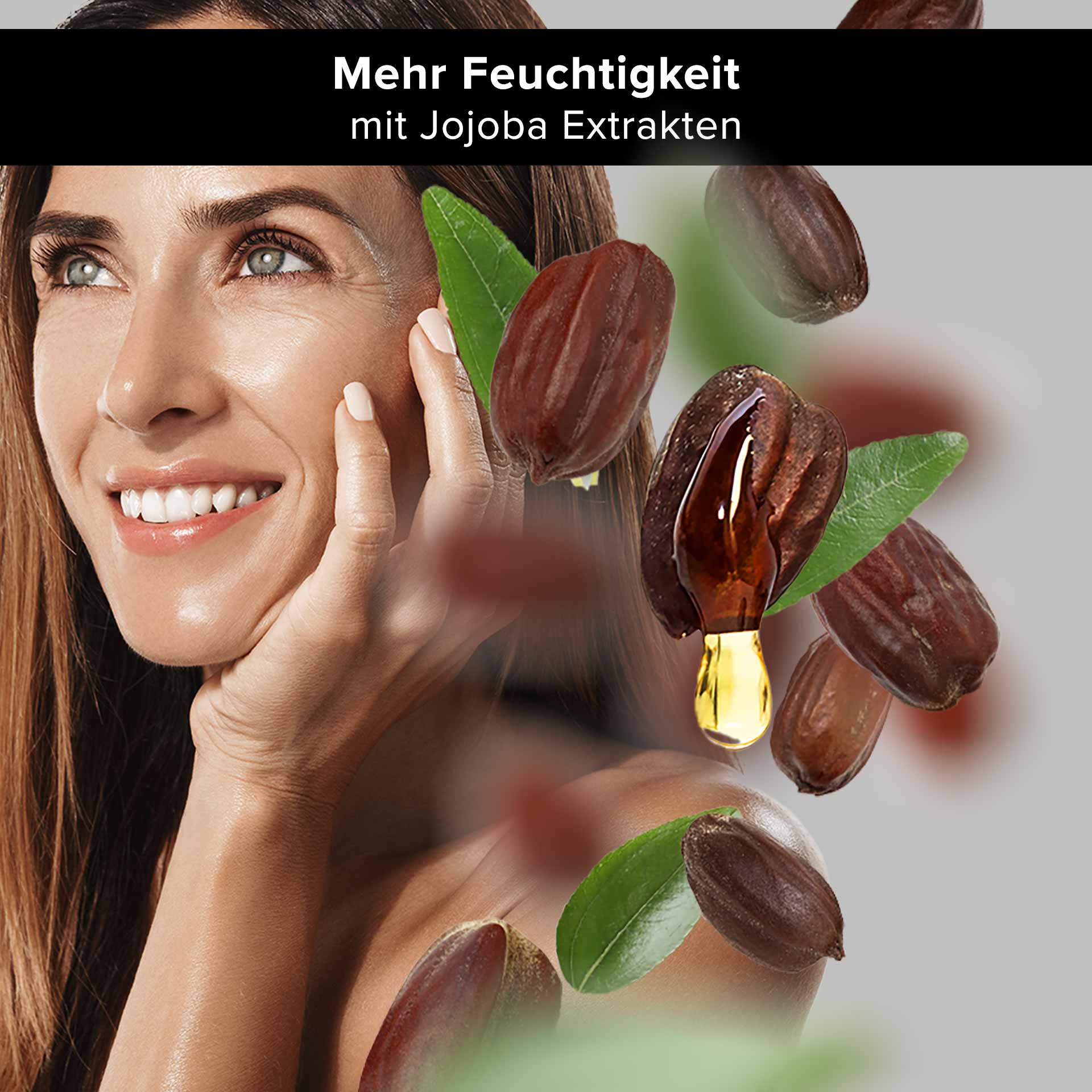 White Tea Eye Cooling Gel 15 ml Anti-Aging Augenpflege Frau mit strahlendem Lächeln, die Jojoba-Extrakte anwendet, um Feuchtigkeit zu spenden, umgeben von Jojobasamen und -blättern.