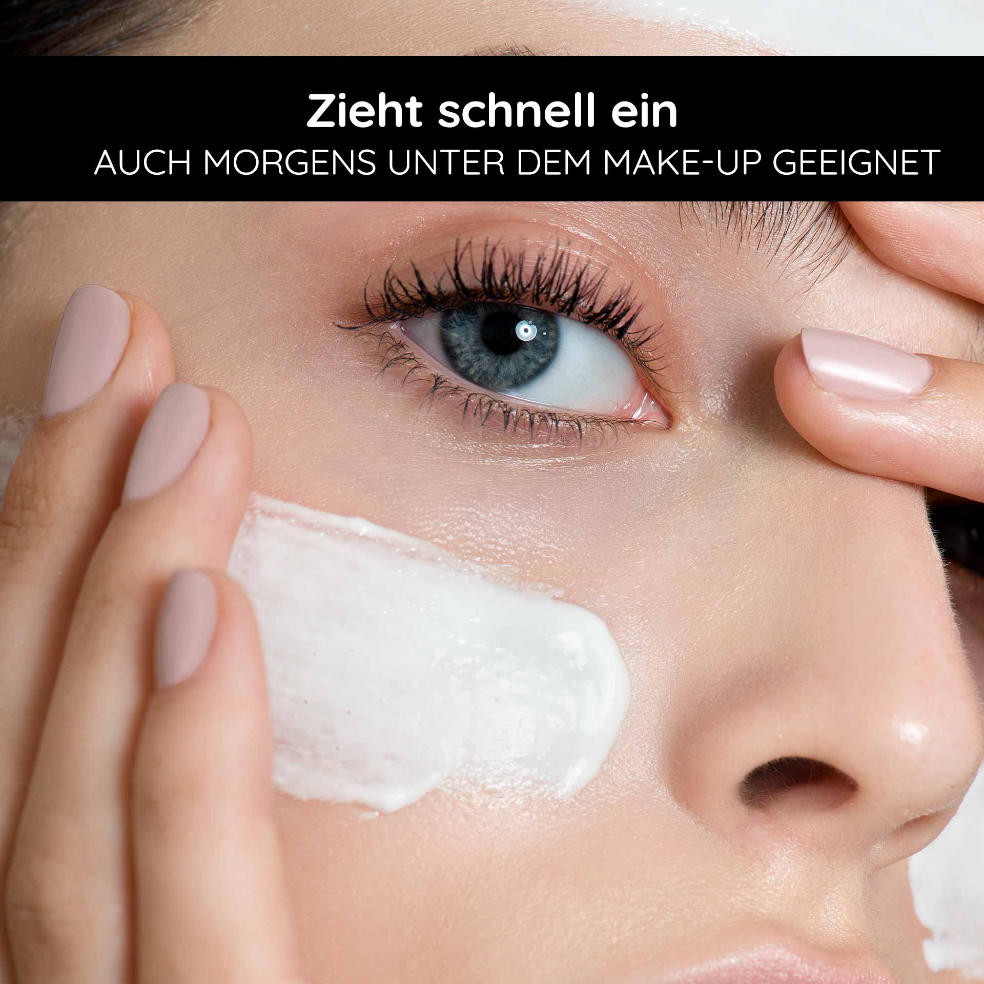 Powerset für unreine Haut, fettige Haut, Entzündungen, Pickel, Juckreiz Frau mit zarter Haut, die eine Gesichtscreme aufträgt, geeignet für die Anwendung unter Make-up, betont schnelle Absorption und Hautpflegeeffekte.