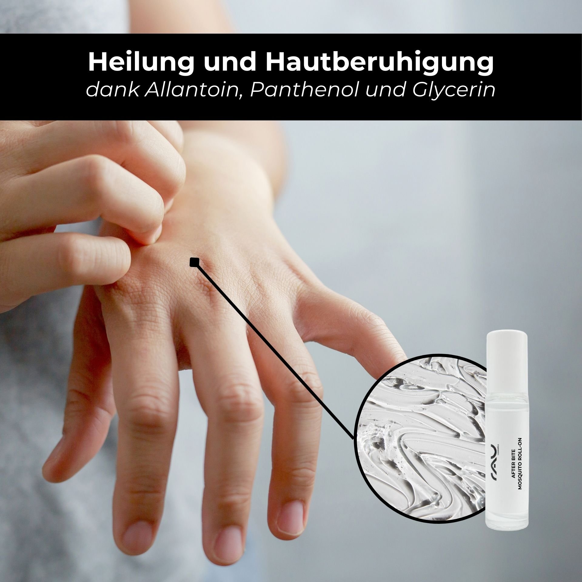 Anwendung des Mosquito Roll-Ons auf dem Handgelenk für effektive Stichpflege.