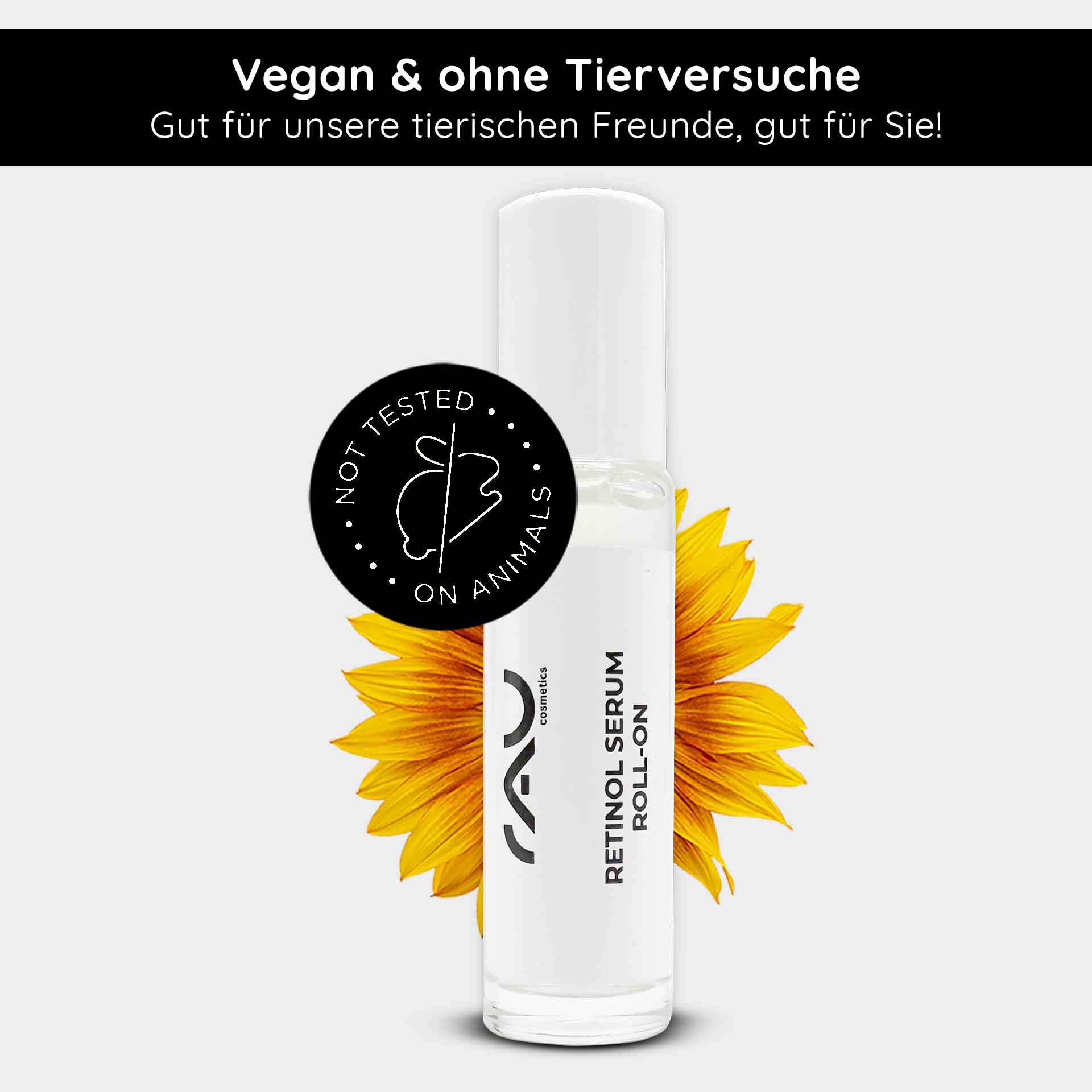 Retinol Serum Roll-On 10 ml - Vitamin A Serum für trockene und reife Haut Retinol Serum Roll-On von RAU Cosmetics, vegan und frei von Tierversuchen, mit Sonnenblumenhintergrund und „Nicht an Tieren getestet“-Logo.