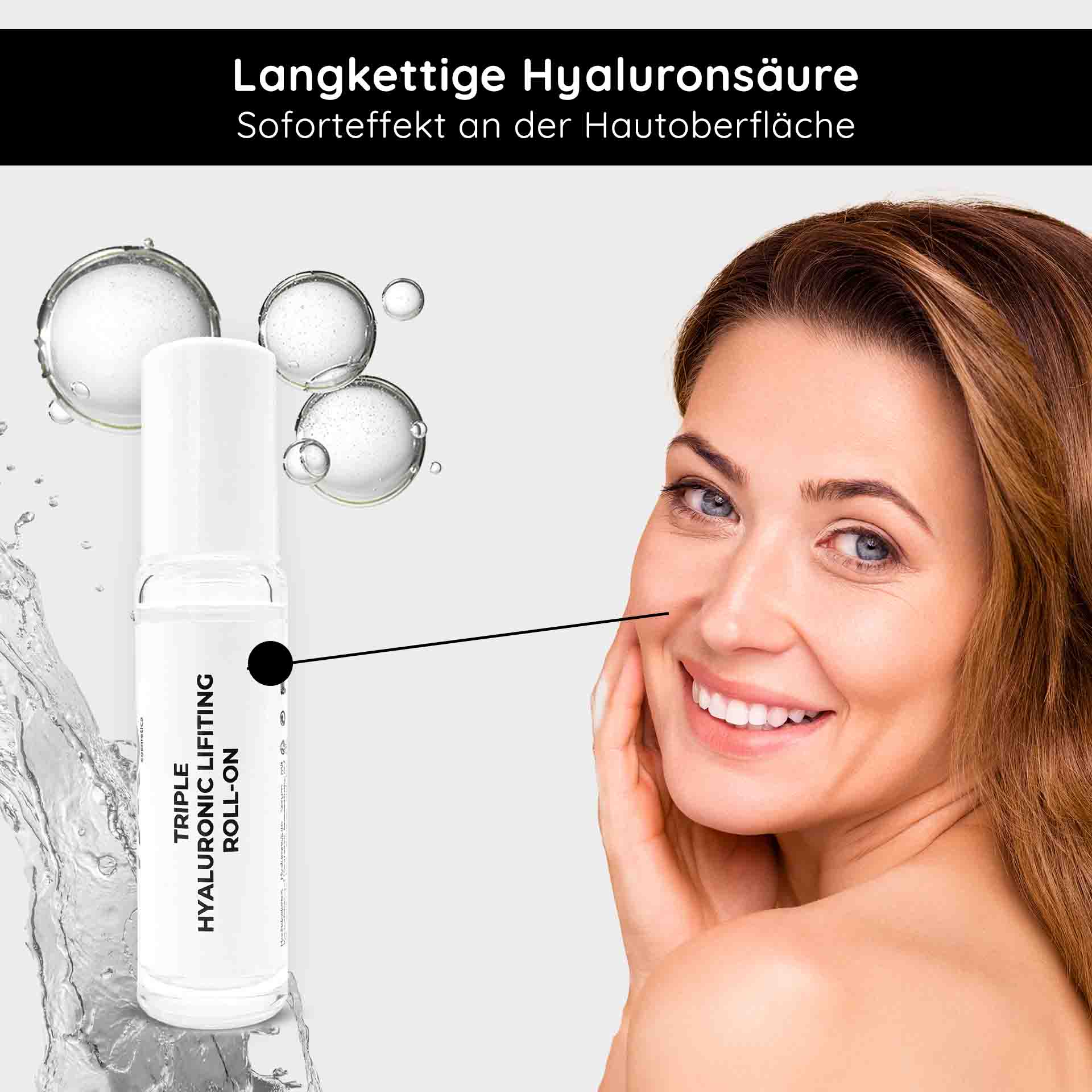 Triple Hyaluronic Serum Roll-On 10 ml mit 3-fach Hyaluronsäuren Triple Hyaluronic Lifting Roll-On 10 ml mit Hyaluronsäure und feuchtigkeitsspendender Wirkung, lächelnde Frau, die ihr Gesicht berührt und so die Anti-Aging-Wirkung der Hautpflege fördert.