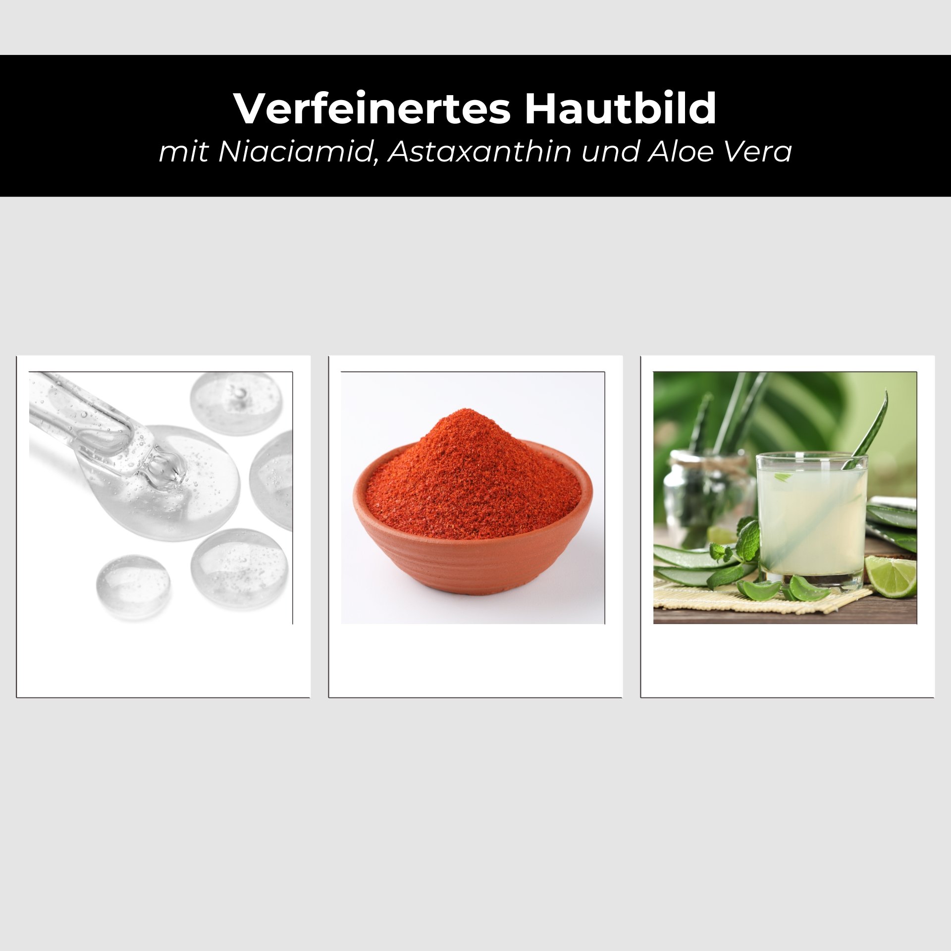 Wirkstoff-Komplex: Pipette mit Serum neben rotem Astaxanthin-Pulver und Aloe Vera - Schutz vor oxidativem Stress.