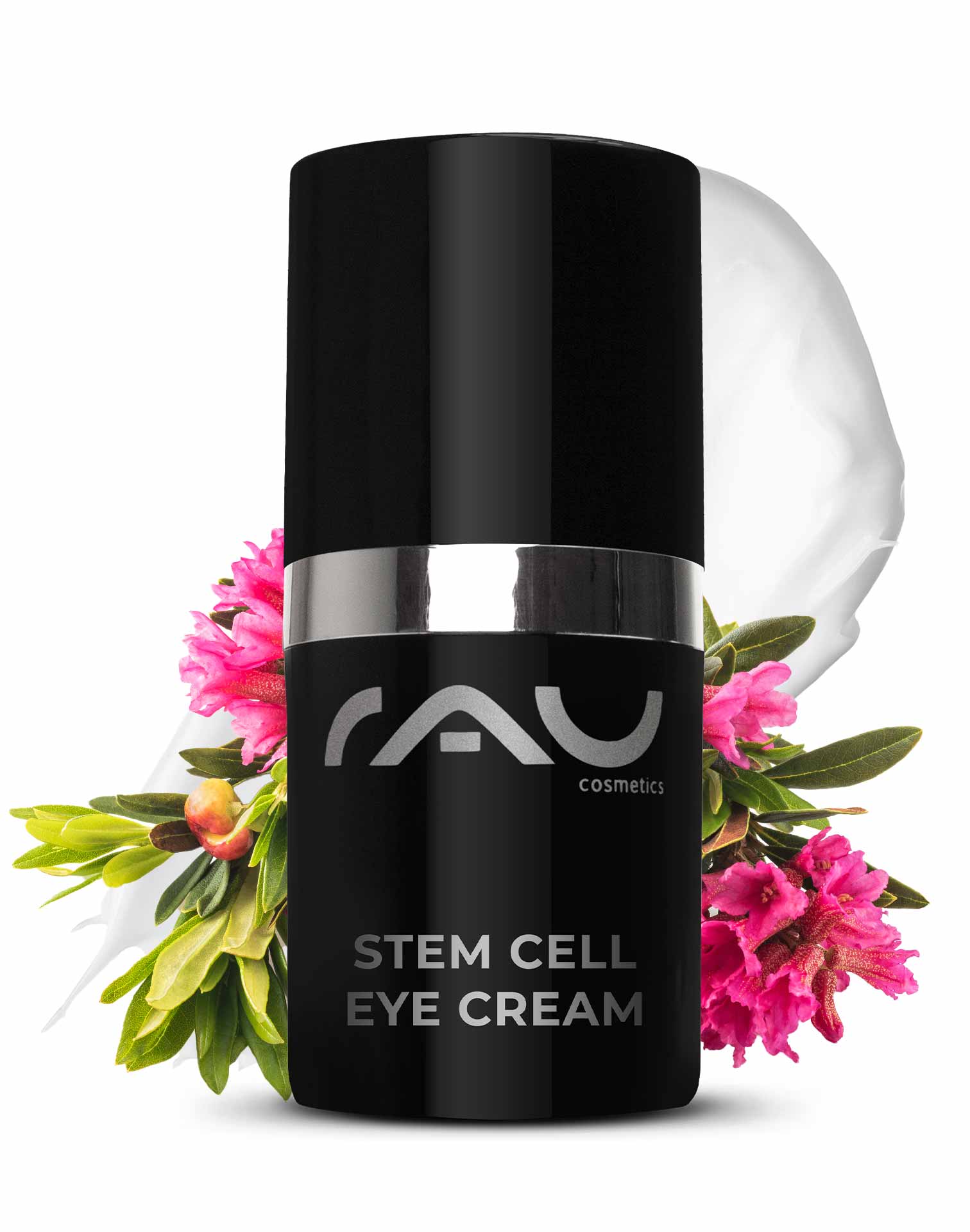 Stem Cell Eye Cream 15 ml Anti Aging Eye Cream RAU Stem Cell Eye Cream in eleganter schwarzer Verpackung mit silbernen Akzenten, umgeben von rosa Blumen, die die Anti-Aging-Vorteile für die empfindliche Haut um die Augen betonen.