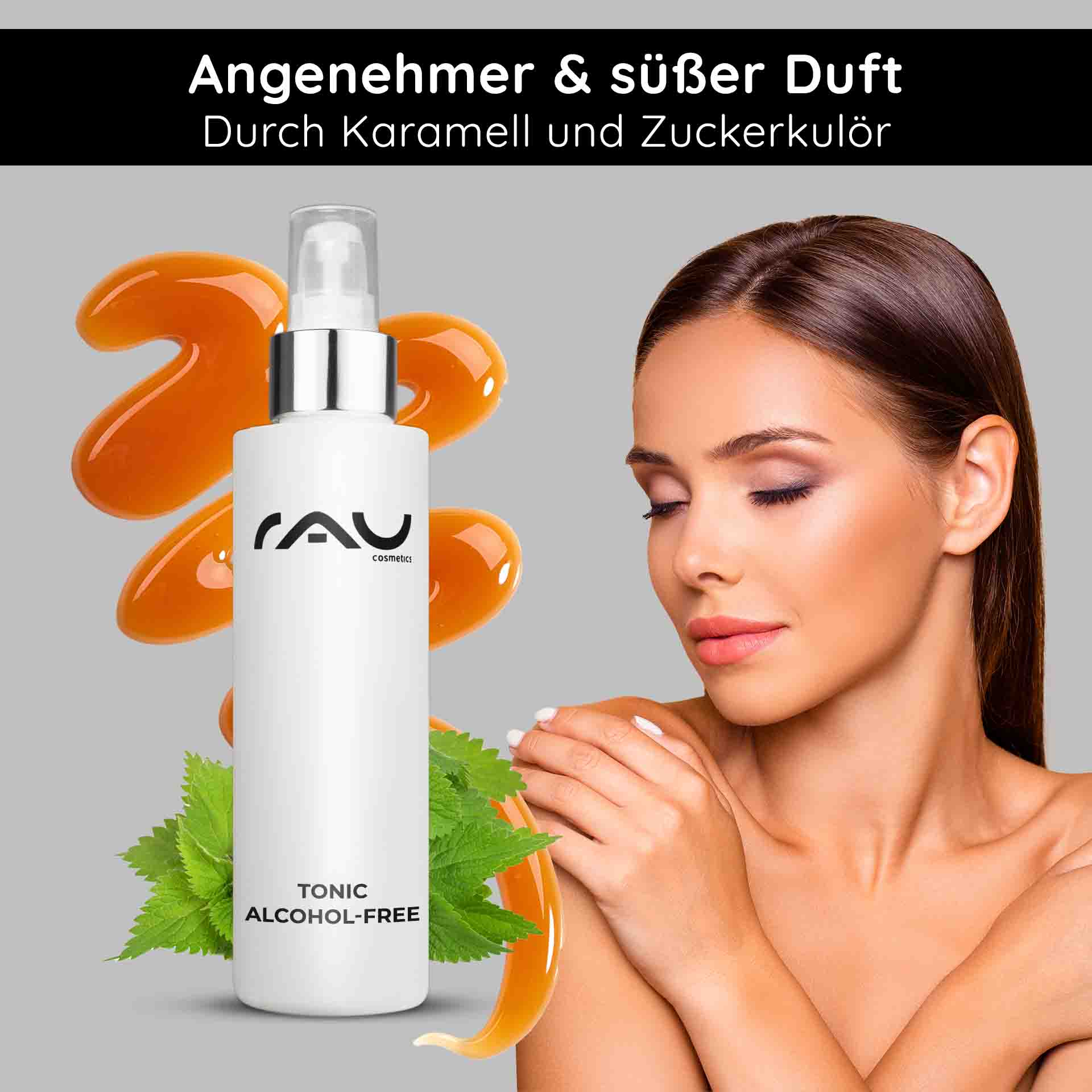 Tonic alcohol-free 200 ml with nettle extract RAU Cosmetics Tonic alkoholfreie Flasche mit Karamell und Zuckersirup, Frau mit glatter Haut, frische Minzblätter, betont sanfte und effektive Hautpflege für empfindliche Haut.