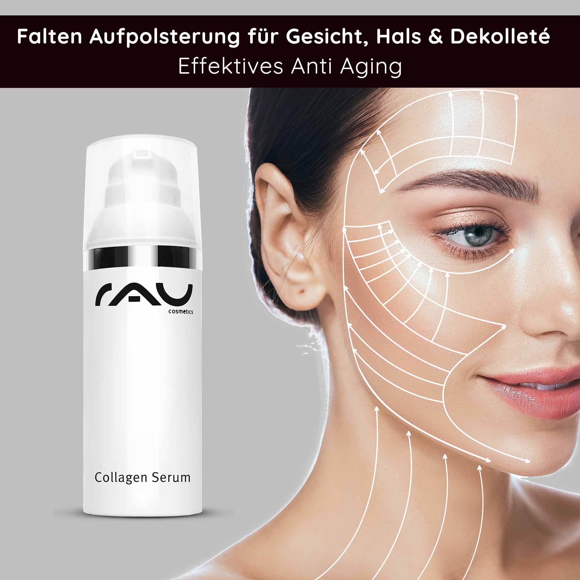 Collagen Serum 50 ml Anti-Aging Treatment with Trylagen Collagen Serum von RAU Cosmetics mit Faltenaufpolsterung für Gesicht, Hals und Dekolleté, Anti-Aging Wirkung, Anwendungshinweise und Hautpflegegrafik.