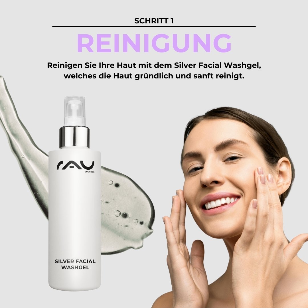 Frau mit fröhlichem Gesicht reinigt ihre Haut mit RAU Cosmetics Silver Facial Washgel, neben dem Produkt in einem modernen Design und sanften Reinigungsgel.